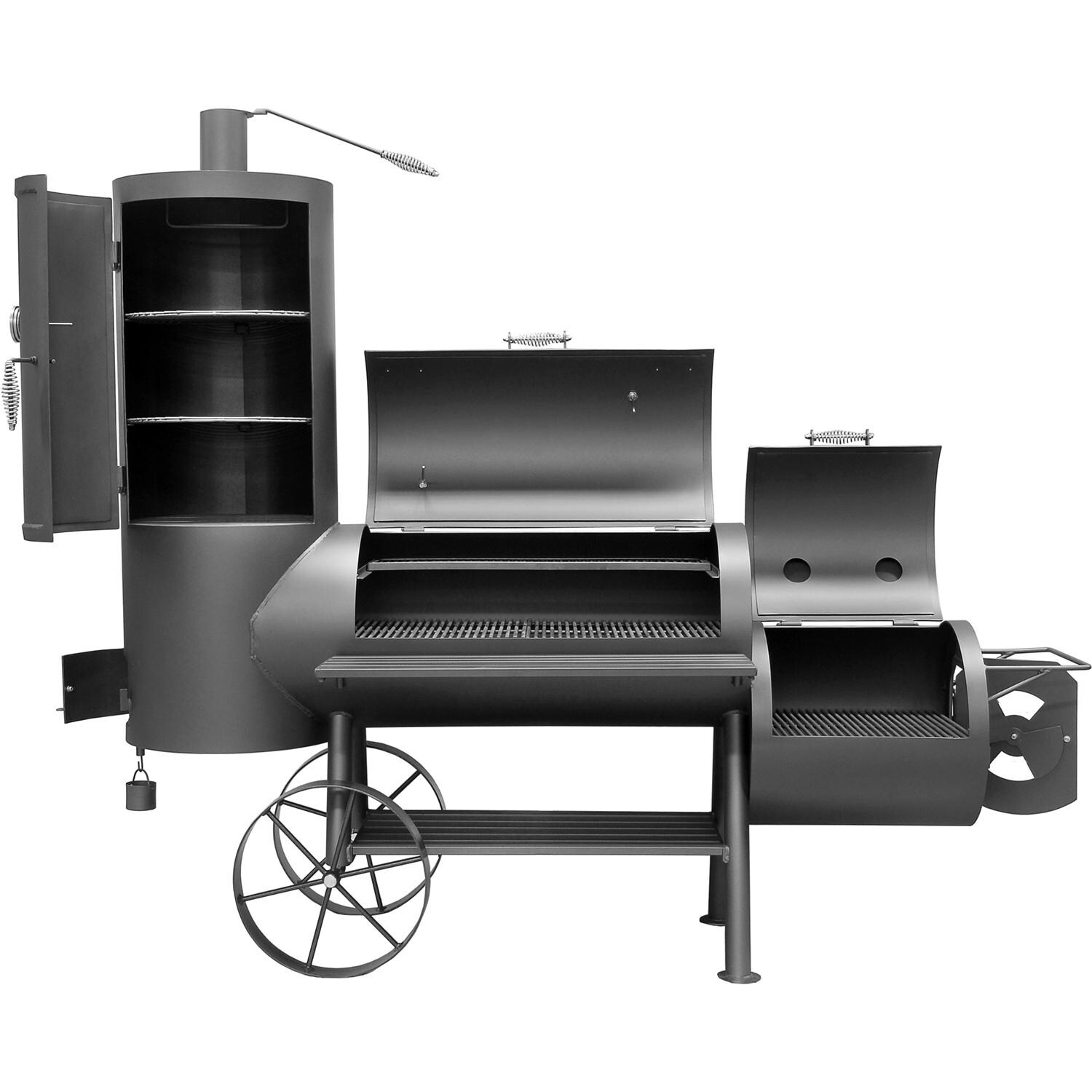 2075 - BBQ Pit Boys Big Ben Offset Charcoal Smoker - Smoker Front View With Hoods And Vertical Smoker Door Open thumbnail