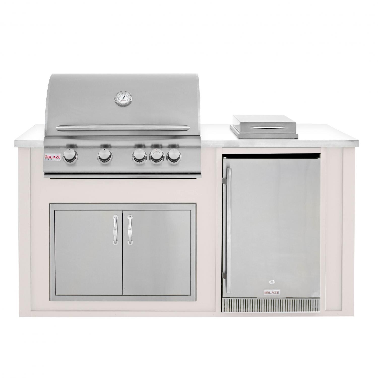 BBQGuys 6 Ft BBQ Island With Blaze 32-Inch Natural Gas Grill, Double Access Door, Outdoor-Rated Compact Refrigerator & Side Burner - Greige/White - BLZAD4.1SBNG-6SBVP4PGNW