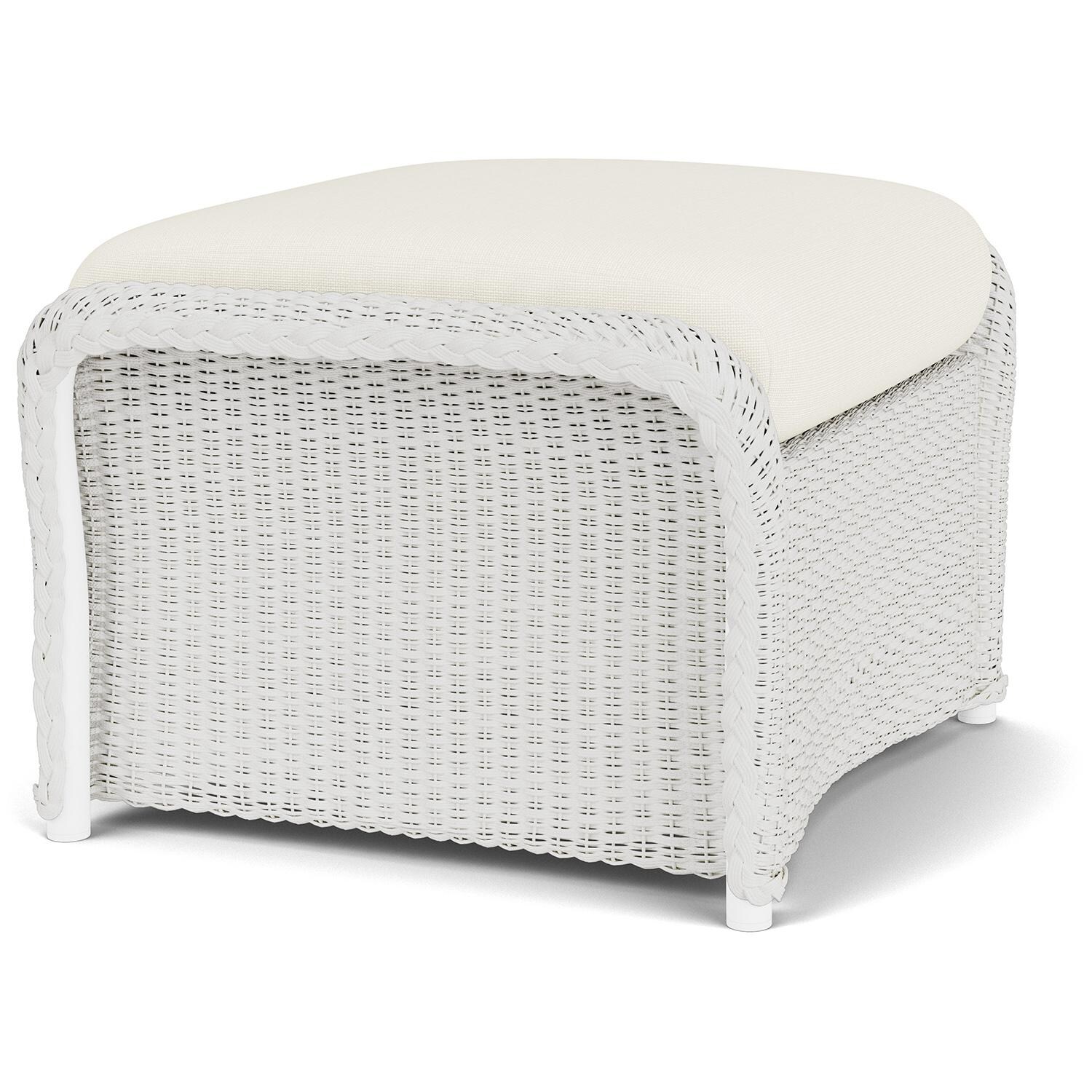 Lloyd Flanders Weekend Retreat Woven Ottoman in Matte White Finish W/ Sailcloth Salt Fabric - Angled thumbnail