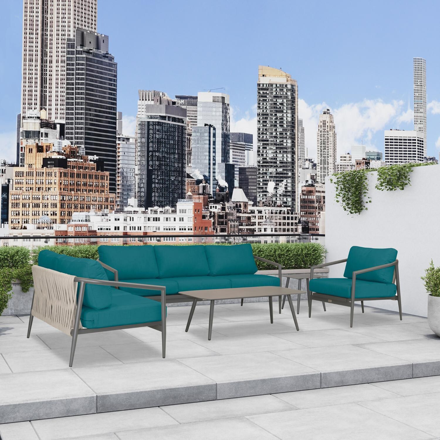 Lakeview Midnight Cove 5 Pc Aluminum Sofa Seating Set in Slate/Spectrum Peacock - Detail - Lifestyle thumbnail