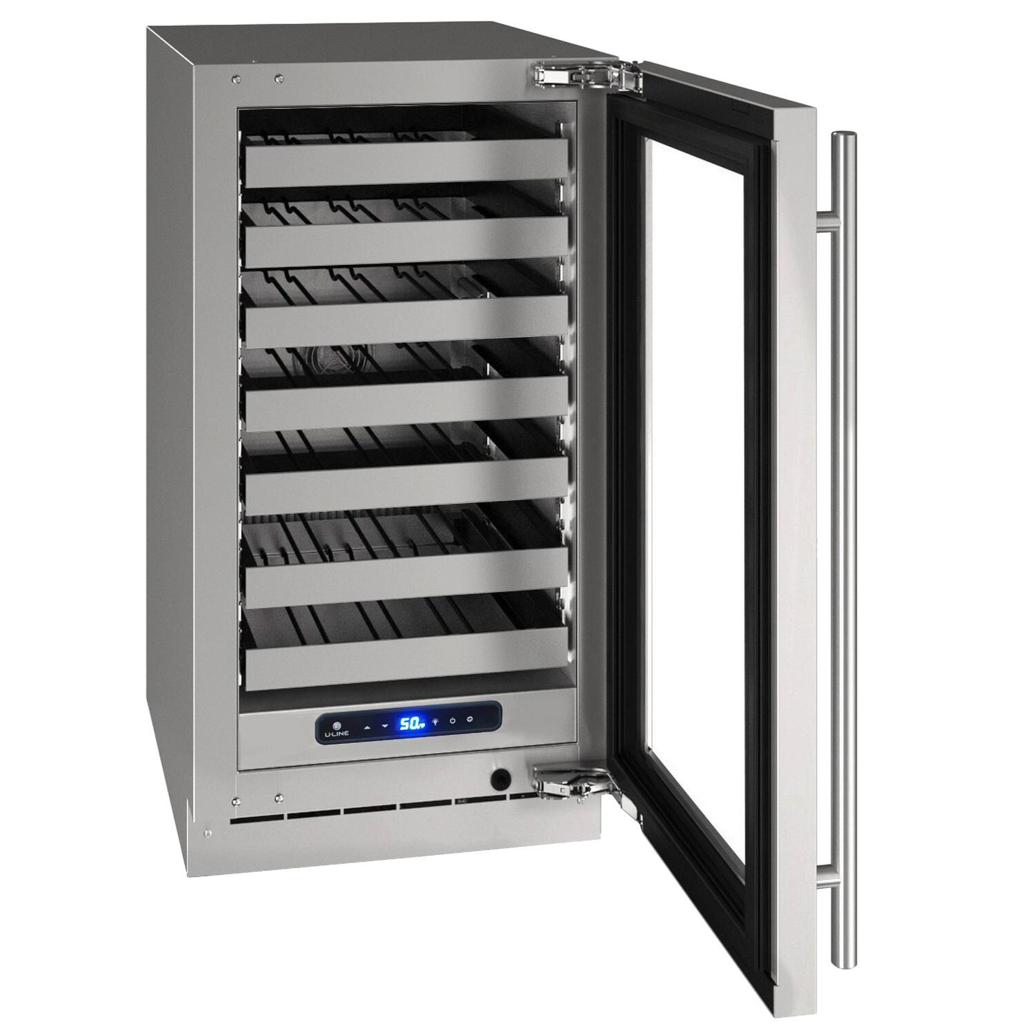 U-Line UHWC518-SG41A 5 Class 18-Inch 35 Bottle Right Hinge Wine Refrigerator With Lock - Stainless Steel - Open View thumbnail