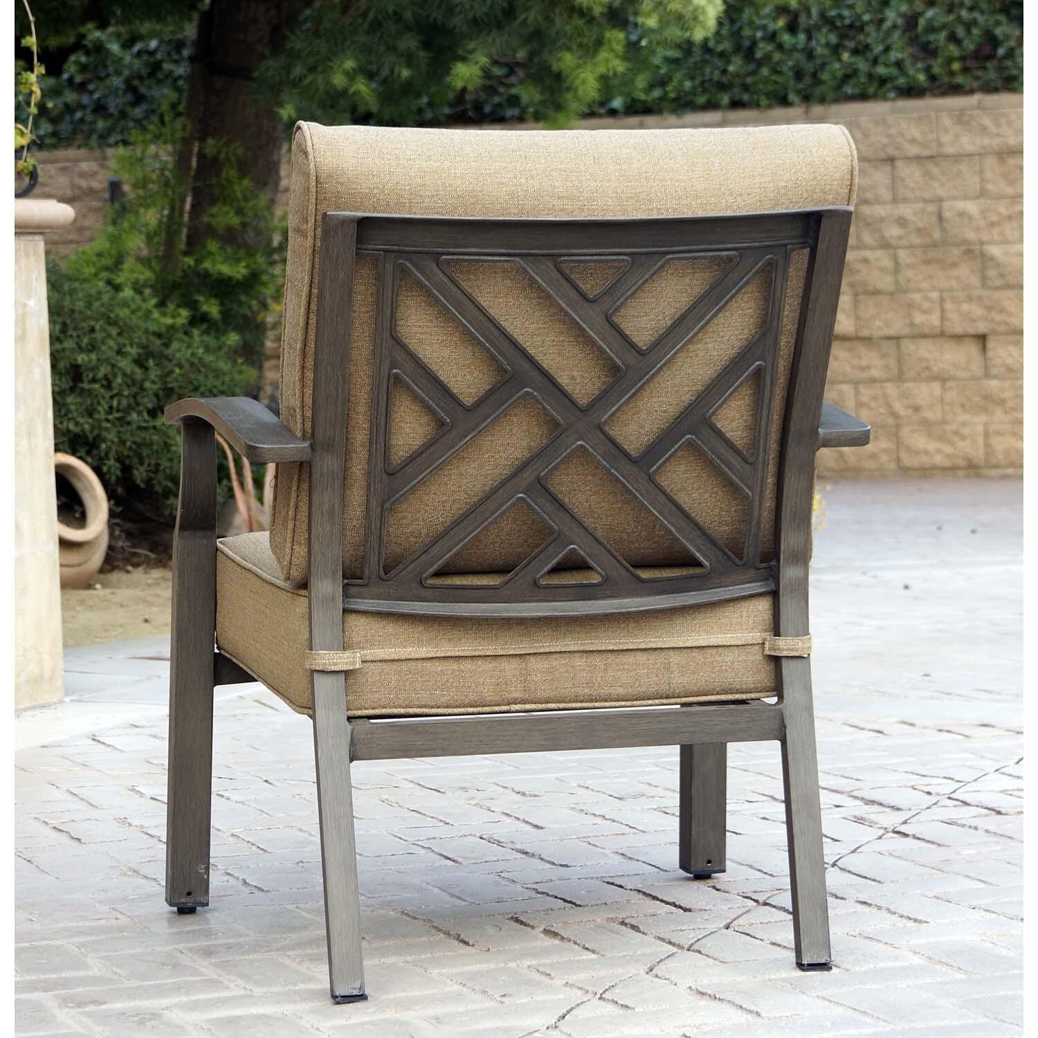 Brooklyn 6 Pc Aluminum Fire Pit Seating Set w/Ottomans in Multi-brown/Sesame by Darlee - Chair Back View - Lifestyle thumbnail