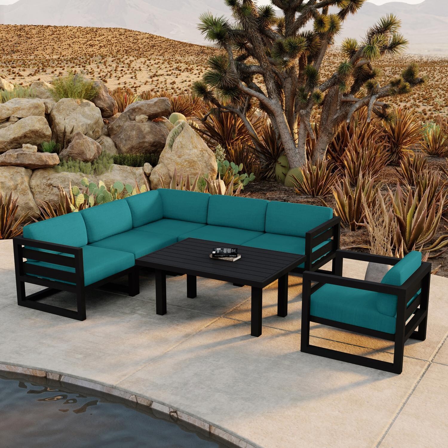 Lakeview MSTYCV-BK-SET212-PC Misty Cove 7 Pc Aluminum Sectional Set in Black w/Chat Table & Spectrum Peacock Cushions by Lakeview Outdoor Designs - By the Pool - Lifestyle thumbnail
