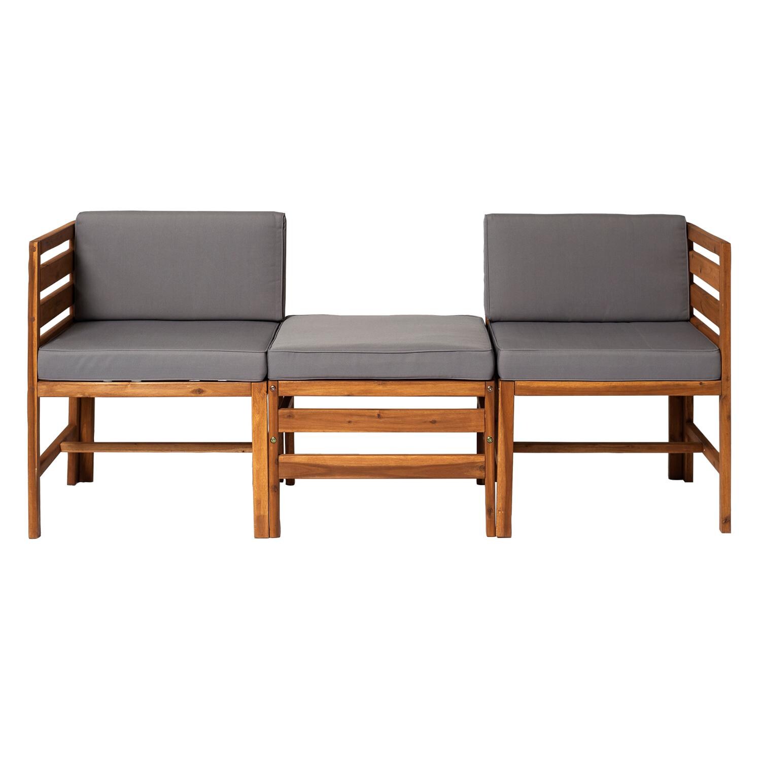 Walker Edison Sanibel 3 Piece Acacia Patio Sectional Set W/ 23 1/2 Inch Square Ottoman - Brown/Grey image