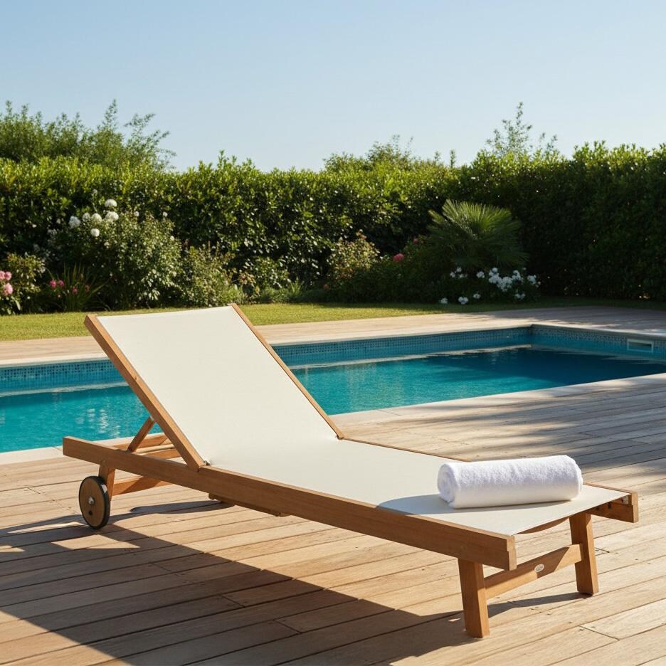 Royal Teak Collection Sundaze Teak Patio Chaise Lounge W/ White Sling - By the Pool - Lifestyle thumbnail