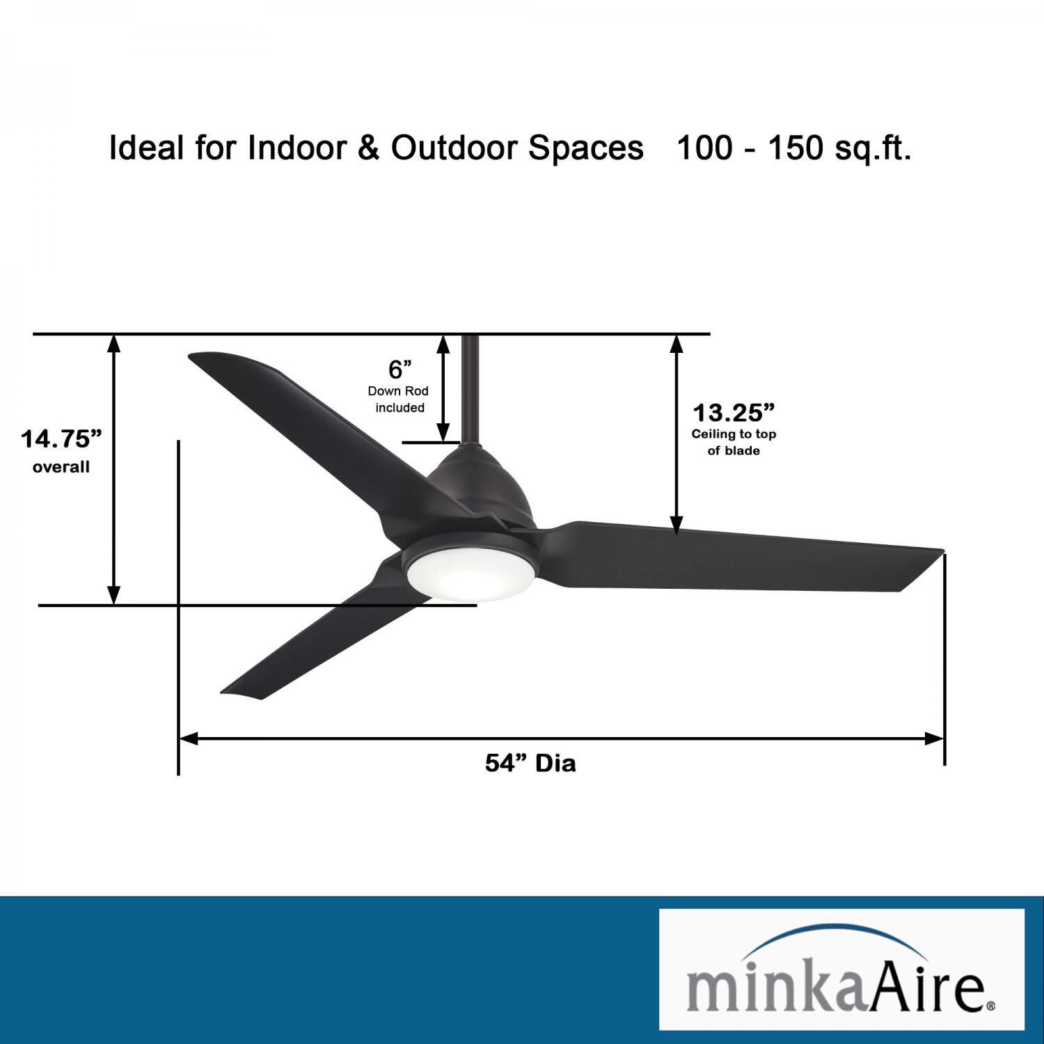 Minka-Aire F753L-CL Java 54-Inch 3-Blade Ceiling Fan in Coal Finish w/ Coal Blades & Etched Opal Glass - Dimensions thumbnail
