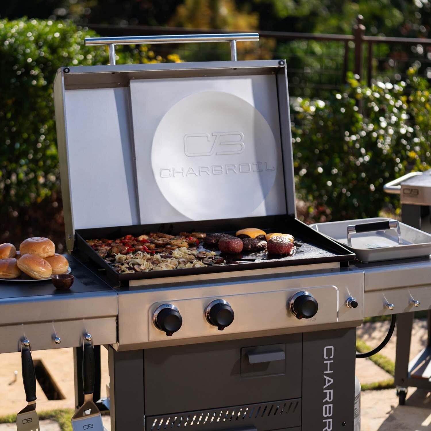 Charbroil 463717325 Versa-Tile 3 Burner 28-Inch All-In-One Cooking Station - Burgers - Lifestyle thumbnail