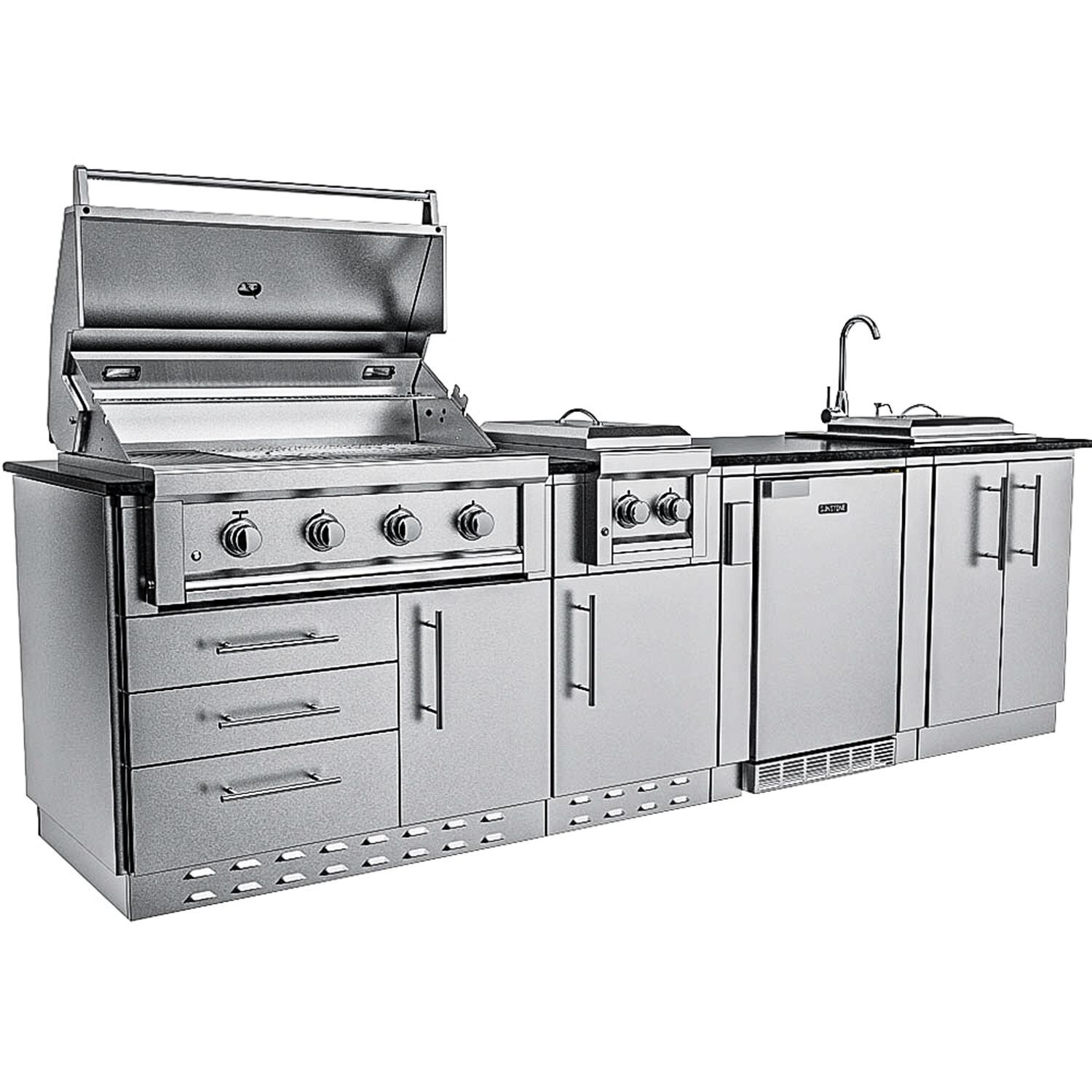 Sunstone Grills SCPHOUSTON9.8-NG Houston 9 1/2 Ft Outdoor Kitchen Island w/ Natural Gas Grill & Side Burner, Sink, Refrigerator, Door & Drawer - Angled - White Background thumbnail
