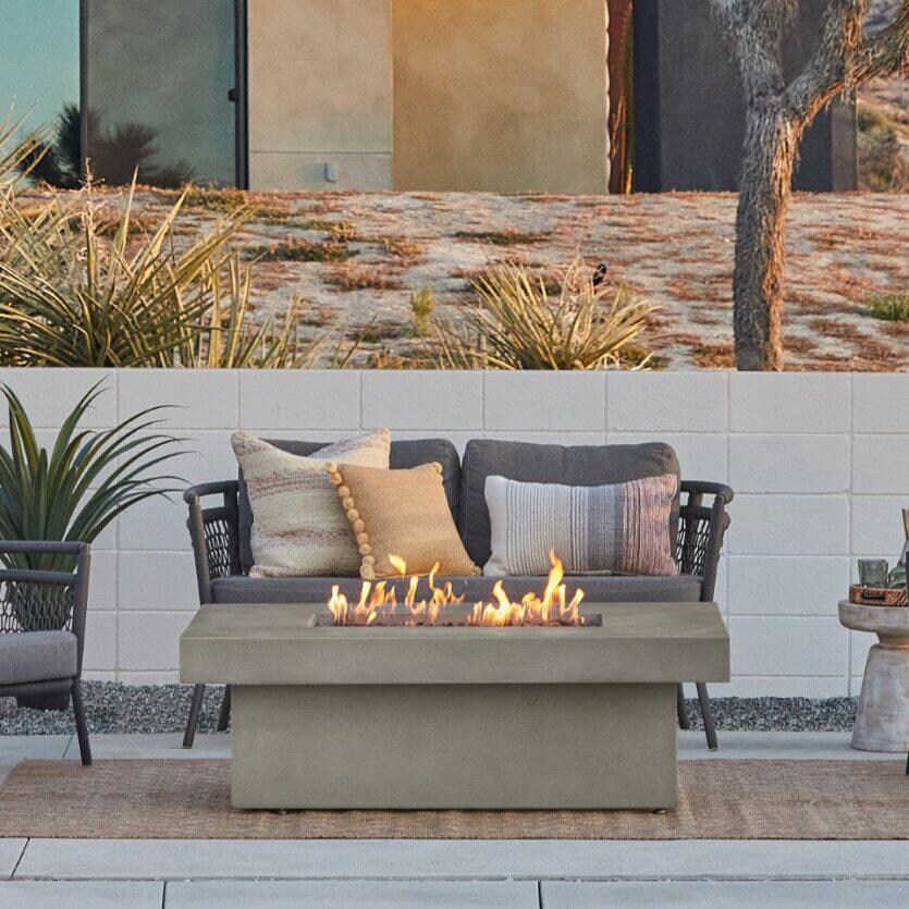 BBQGuys Signature Branchview 60 Inch Rectangle Concrete Propane Fire Pit Table With Hidden Tank