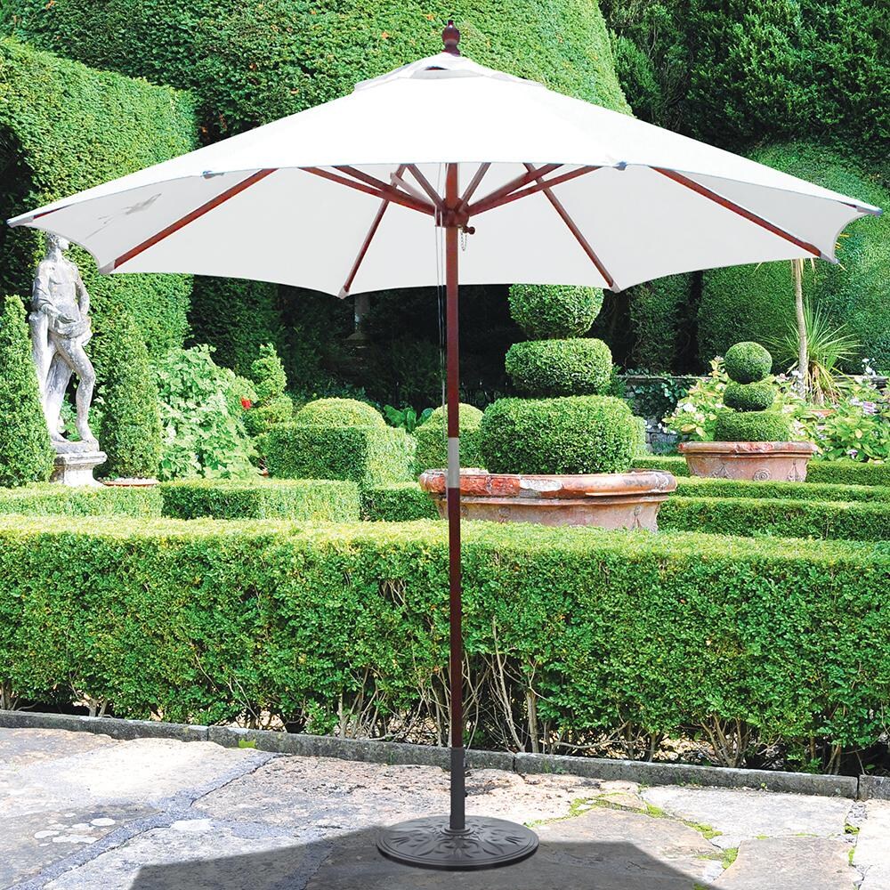 Galtech 9 Ft. Octagonal Patio Umbrella W/ Pulley Lift - Lifestyle View - Shown In Dark Finish W/ Natural Sunbrella Fabric (Umbrella Base Not Included) thumbnail