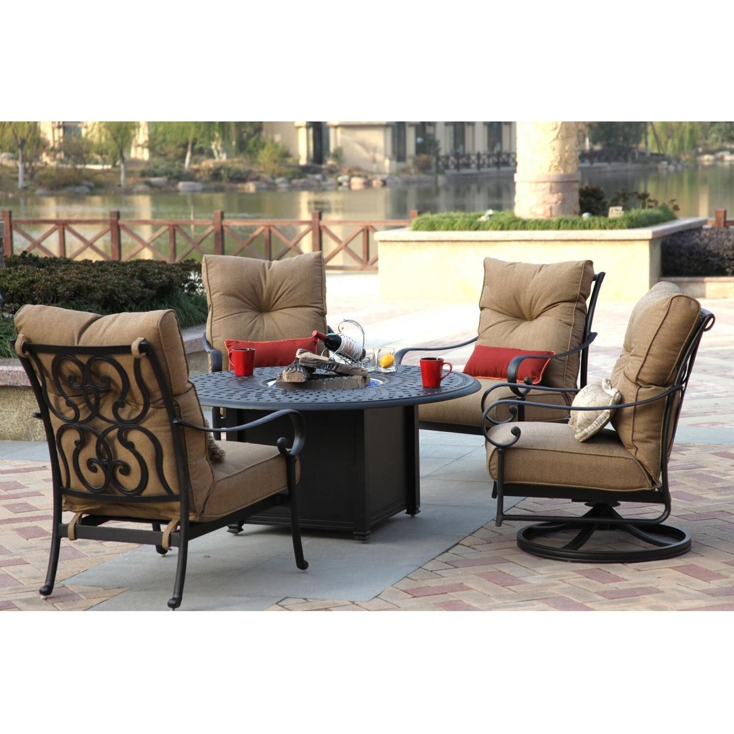 Santa Anita 5 Piece Cast Aluminum Patio Fire Pit Conversation Seating Set W/ Swivel Rockers by Darlee - Back Patio - Full View - Lifestyle thumbnail