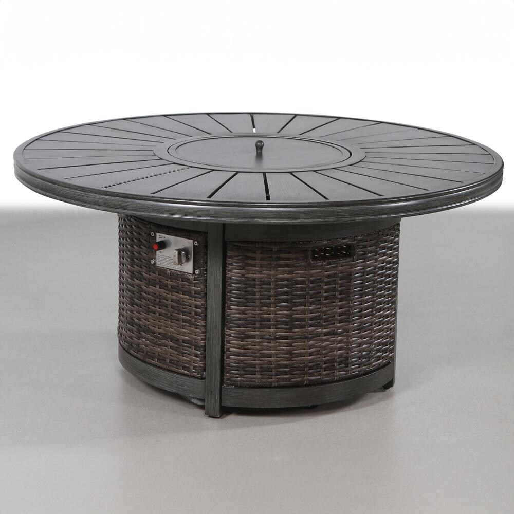 Ultimate Patio Ellisview 52 Inch Round Aluminum Propane Fire Pit Dining Table in Brown Wicker - Front W/ Lid - Lifestyle thumbnail