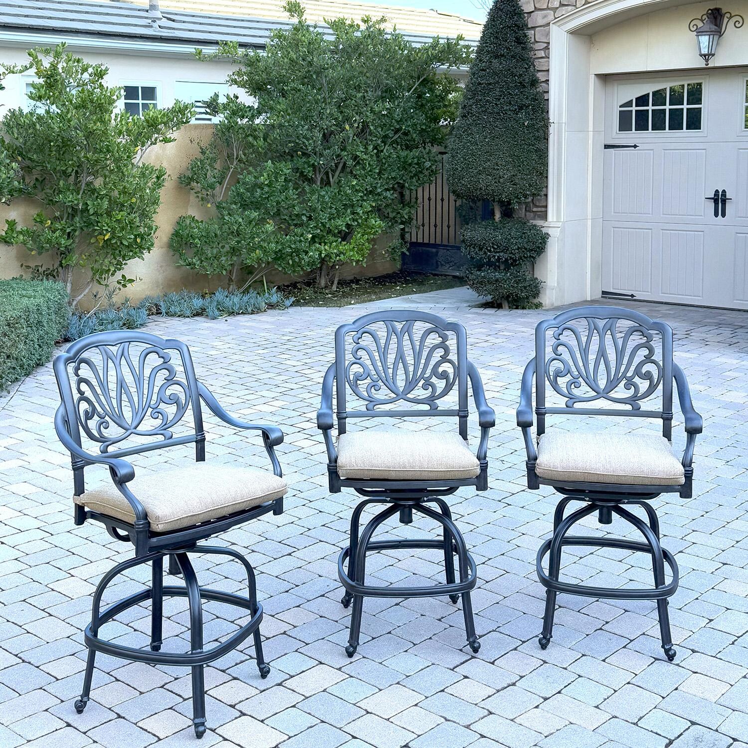 Elisabeth 3 Pc Cast Aluminum Counter Height Bar Stool Set in Antique Bronze/Beige by Darlee