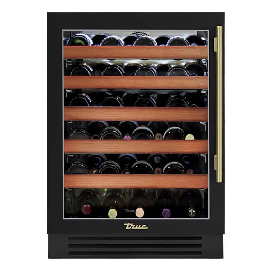 True TWC-24-L-OG-C~DSK-027-H01 24 Inch 45 Bottle Left Hinge Glass Door Outdoor Outdoor Wine Cabinet - Matte Black w/ Brass Handle - White Background thumbnail