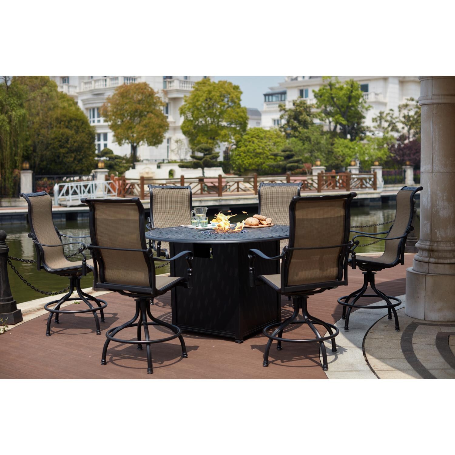 Monterey Pc Cast Aluminum Counter Height Fire Pit Dining Set w