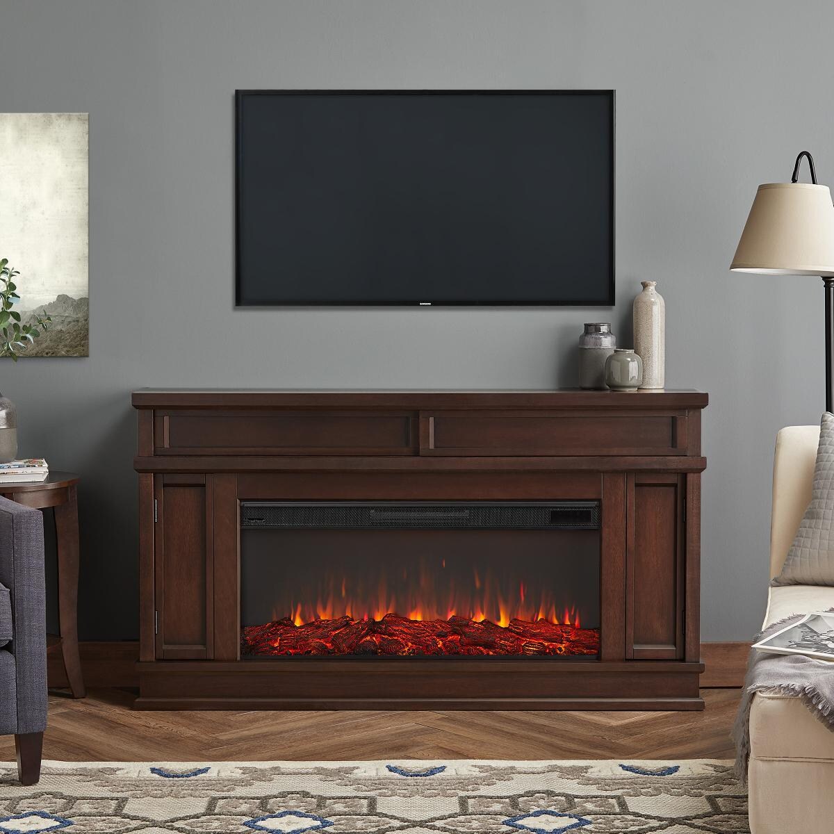 Real Flame 4020E-DW Torrey 60-Inch Electric Fireplace Mantel - Dark Walnut - Lifestyle thumbnail