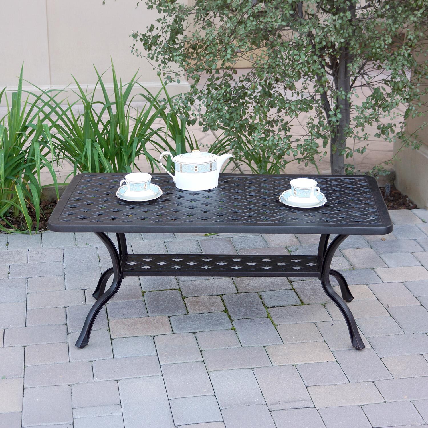 Darlee Elisabeth 3 Pc Cast Aluminum Seating Set w/ 42 X 21 Inch Table & Throw Pillows in Antique Bronze/Beige - Table - Lifestyle thumbnail