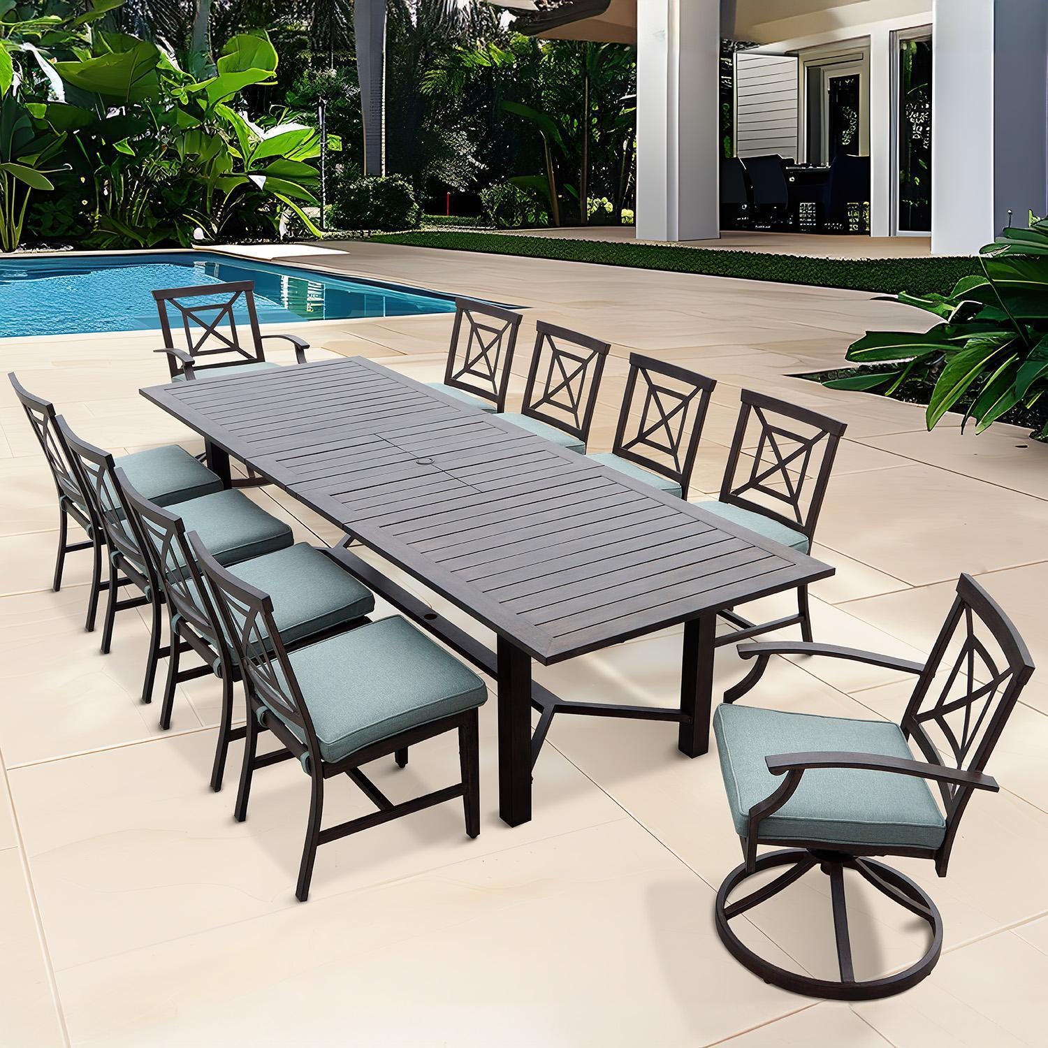 Atlantis 11 Pc Aluminum Dining Set w/ 91 X 40 Inch Extension Table & 2 Swivel Rockers in Walnut/Spa by Darlee