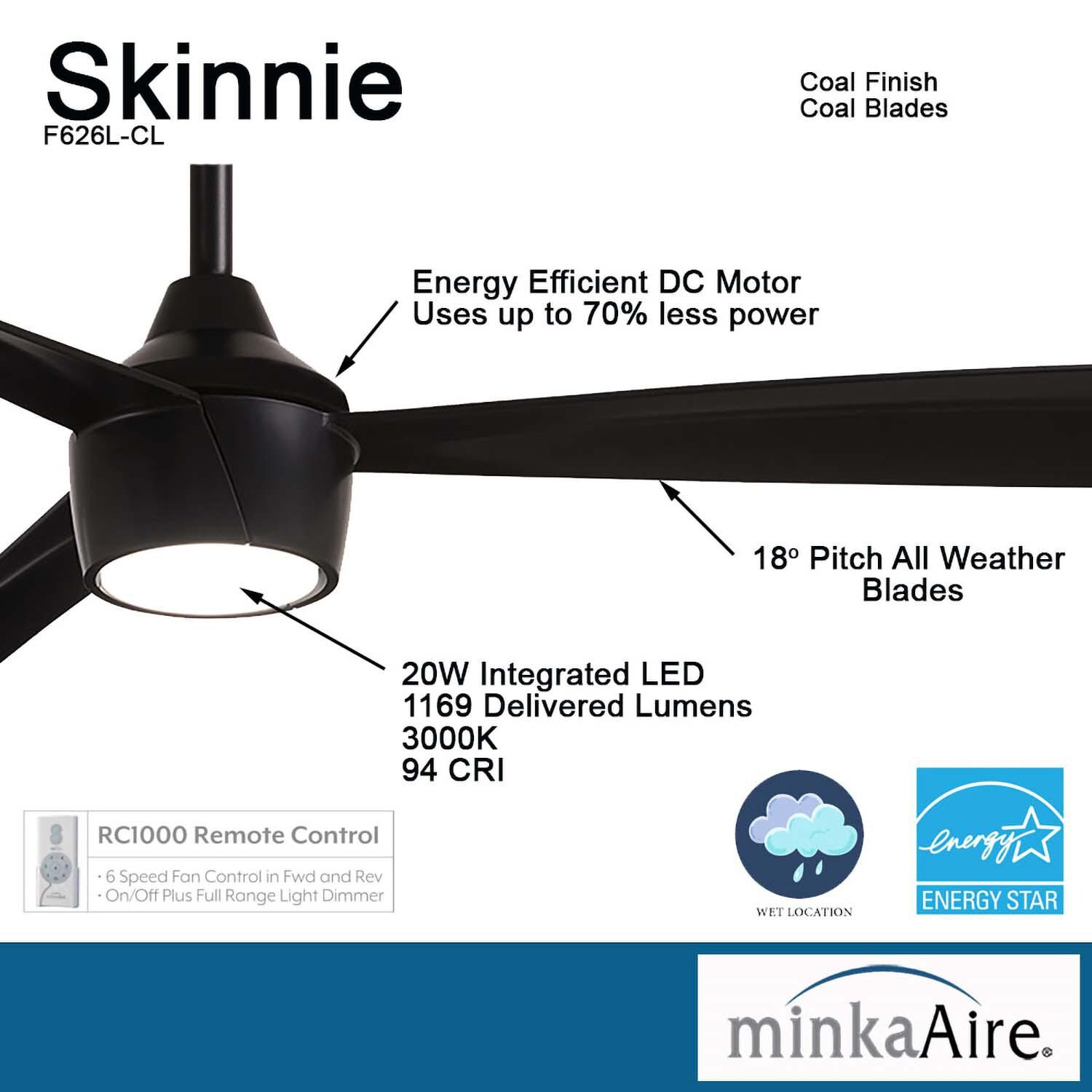 Minka-Aire F626L-CL Skinnie 56-Inch 3-Blade LED Ceiling Fan in Coal Finish w/ Coal Blades & Etched Lens - Details thumbnail