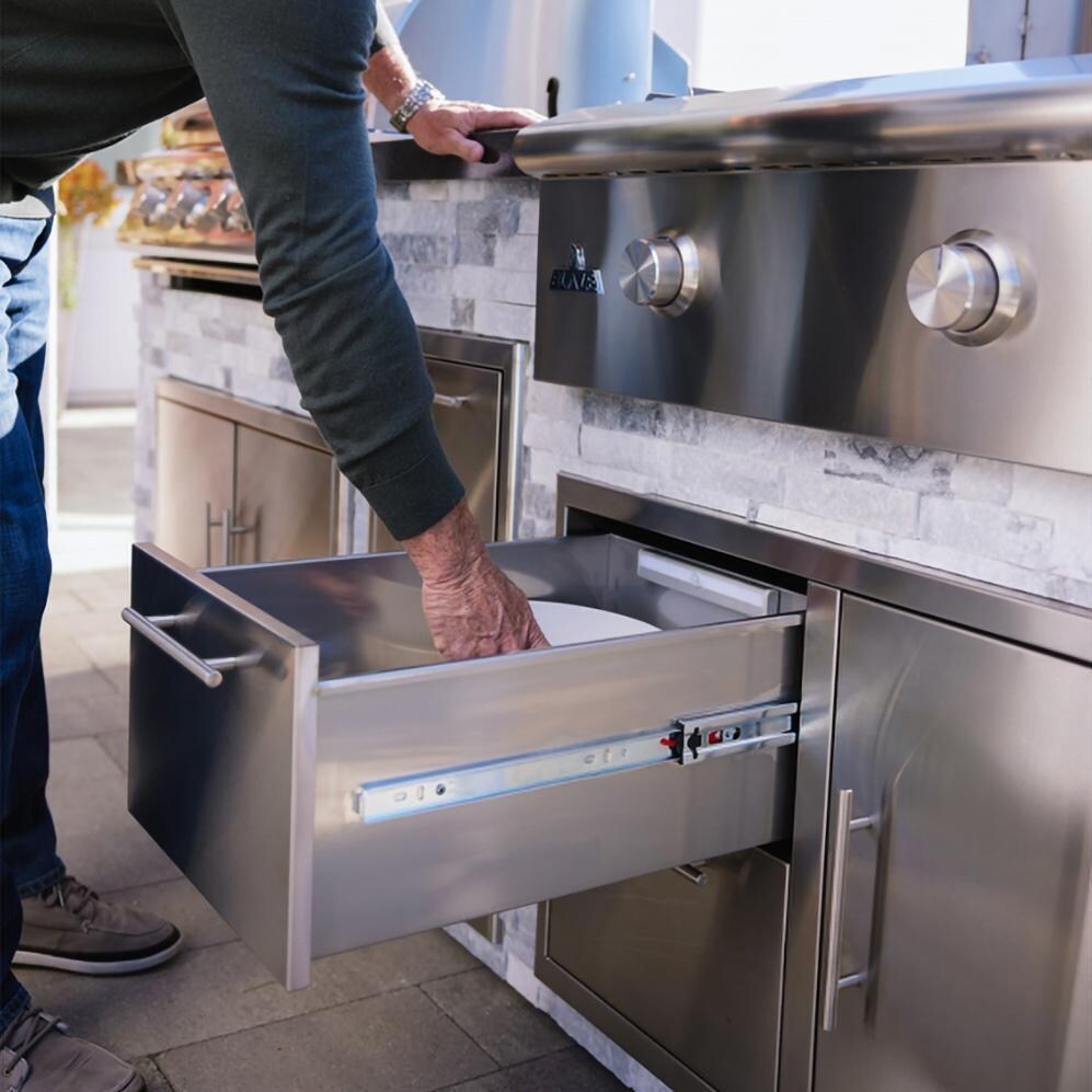 BBQGuys Signature 8 Ft Grill Island w/ 32 Inch Natural Gas Blaze Premium LTE+ Grill & Griddle, Narrow Trash Bin & Door & Drawer | Alaska Gray w/ Black Granite - Door & Drawer Combo - Lifestyle thumbnail