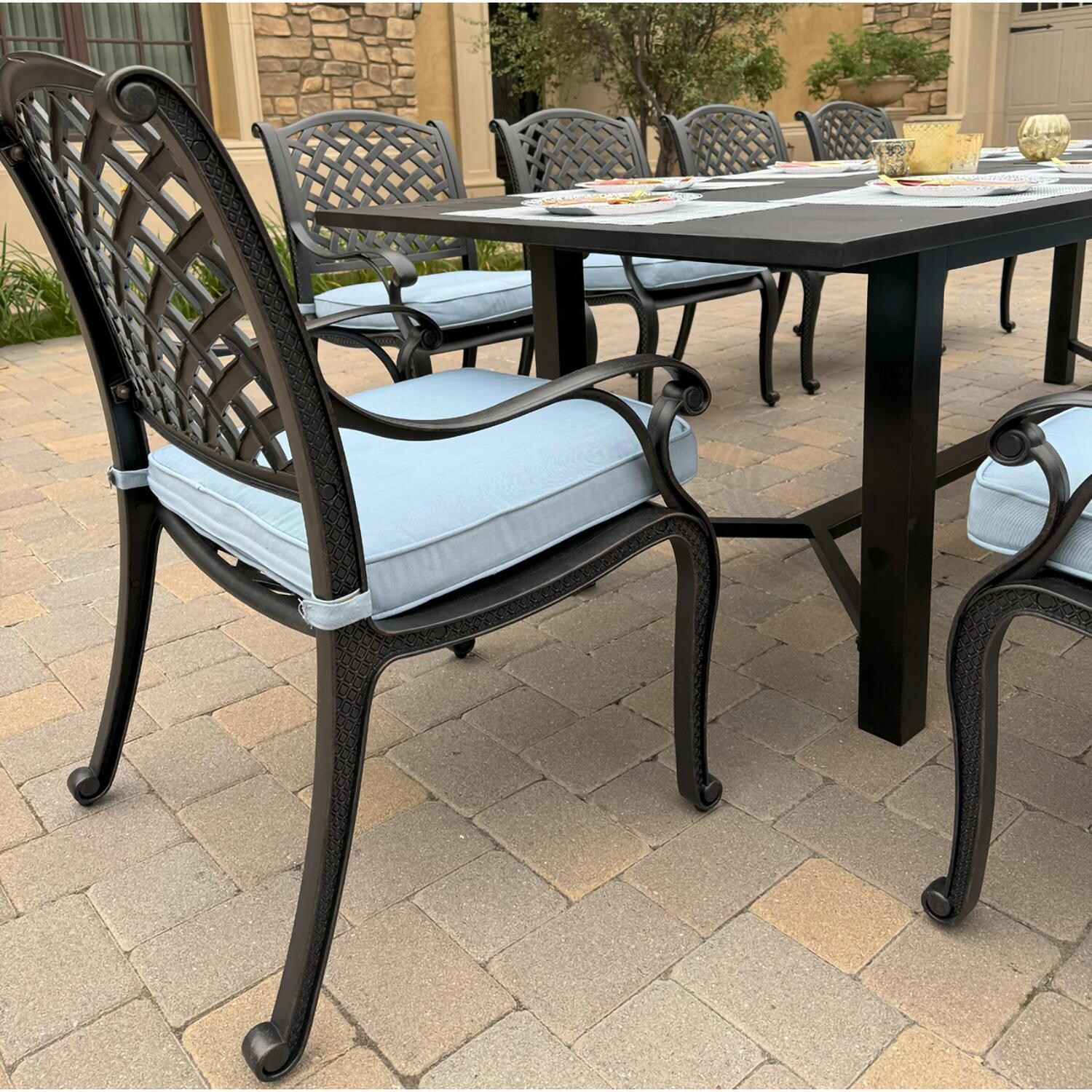 Darlee DL13-11PCD-2350LE-B Nassau 11 Pc Cast Aluminum Dining Set in Antique Bronze w/ Blue Cushions - Chair Angle - Lifestyle thumbnail