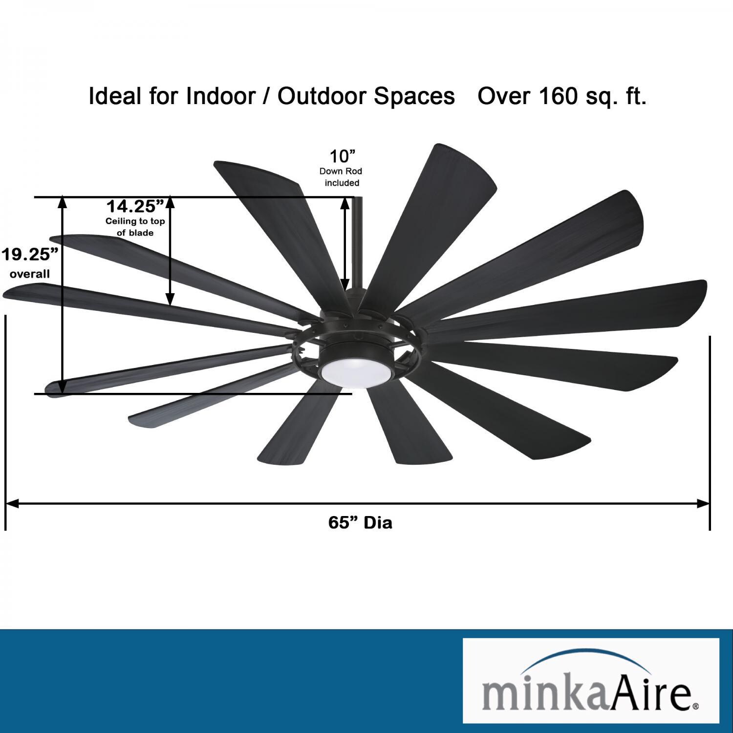 Minka-Aire F870L-TCL Windmolen 65-Inch 12-Blade LED Ceiling Fan in Textured Coal Finish w/ Coal Ashwood Blades & Etched Lens - Dimensions thumbnail