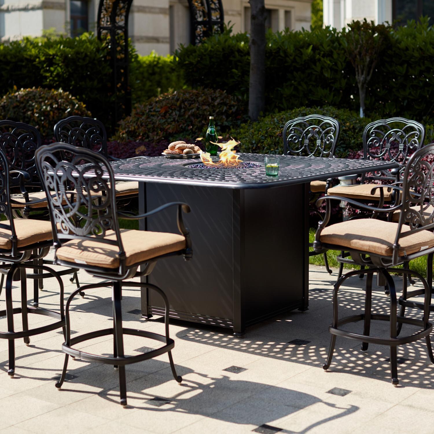 Darlee Florence 9 Piece Cast Aluminum Patio Counter Height Fire Pit Bar Set W/ 64 Inch Square Table & Sesame Cushions