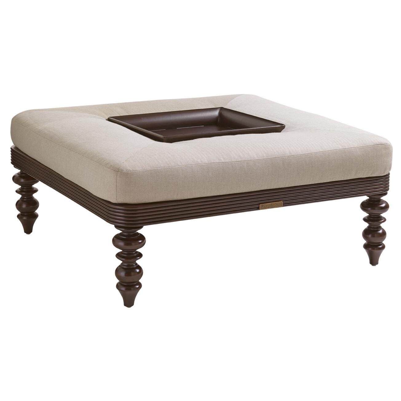 Black Sands Cast Aluminum Patio Ottoman W/ Sunbrella Fabric & Removable Tray By Tommy Bahama
