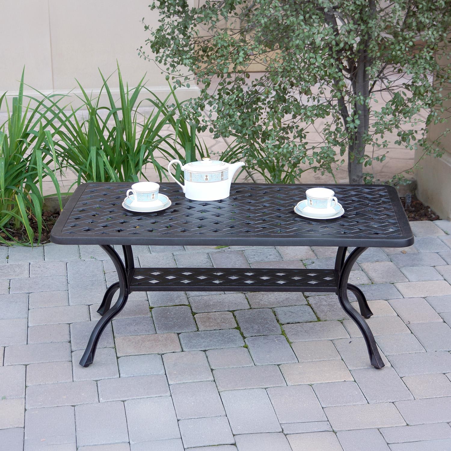 Darlee Elisabeth 2 Pc Cast Aluminum Seating Set w/ 42 X 21 Inch Series 30 Table & Throw Pillows in Antique Bronze/Beige - Table - Lifestyle thumbnail