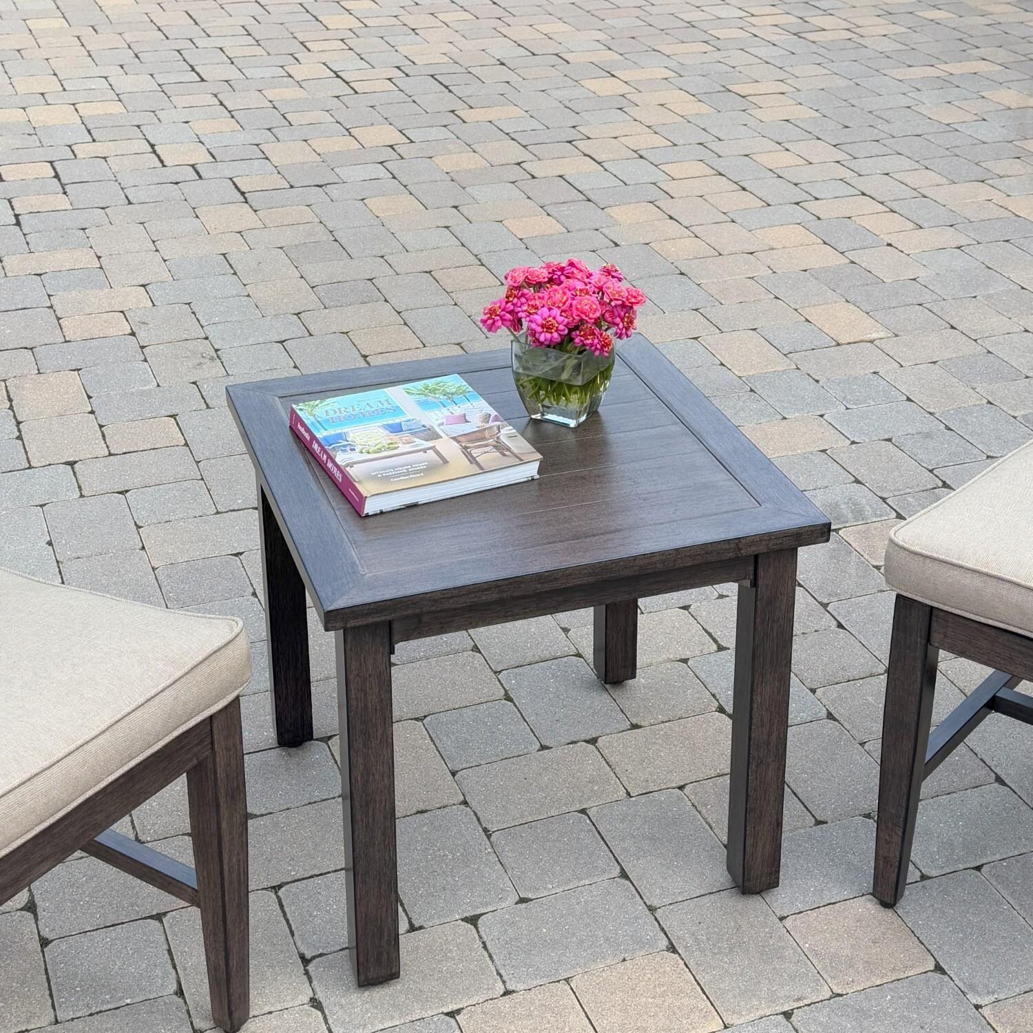 Atlantis 3 Pc Aluminum Seating Set w/ 2 Side Chairs in Walnut/Beige by Darlee - Table Close-up - Lifestyle thumbnail