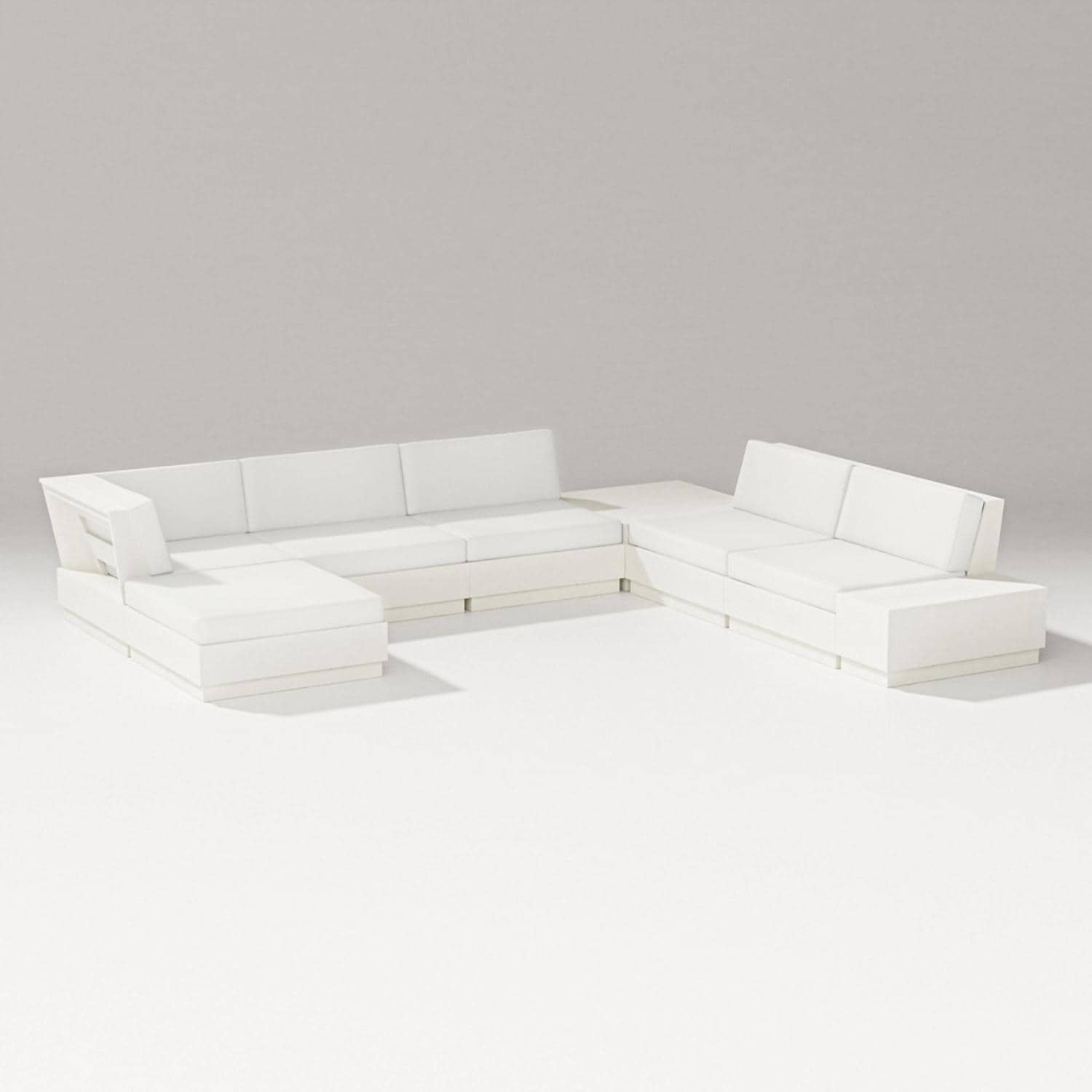 Elevate 8 Pc Recycled Plastic Sectional Seating Set in Vintage White/Natural Linen By PW Designer Series