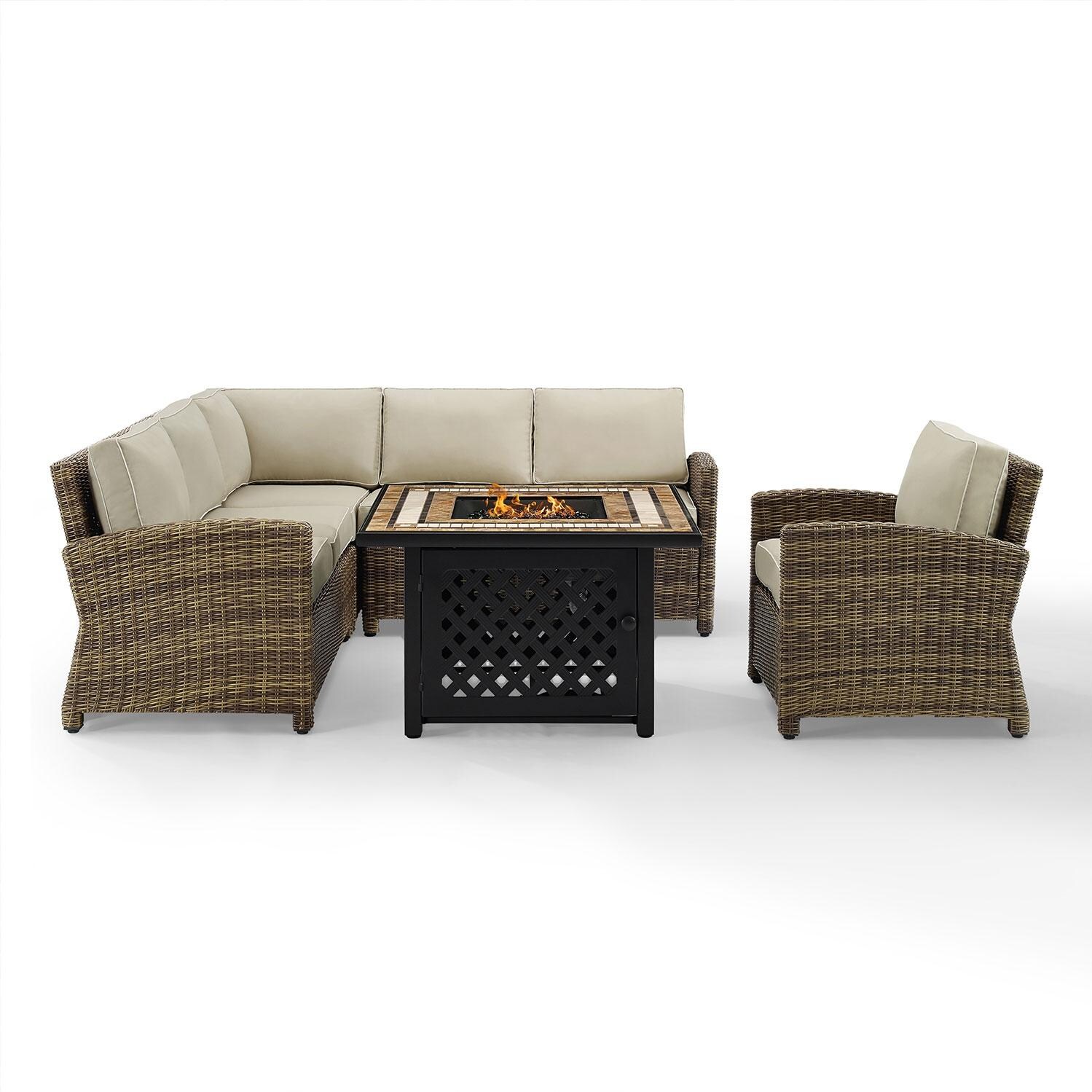 Ultimate Patio UP-92392-SA 5Pc Wicker Outdoor Sectional Set W/ Fire Table & Club Chair in Sand - Display - White Background thumbnail