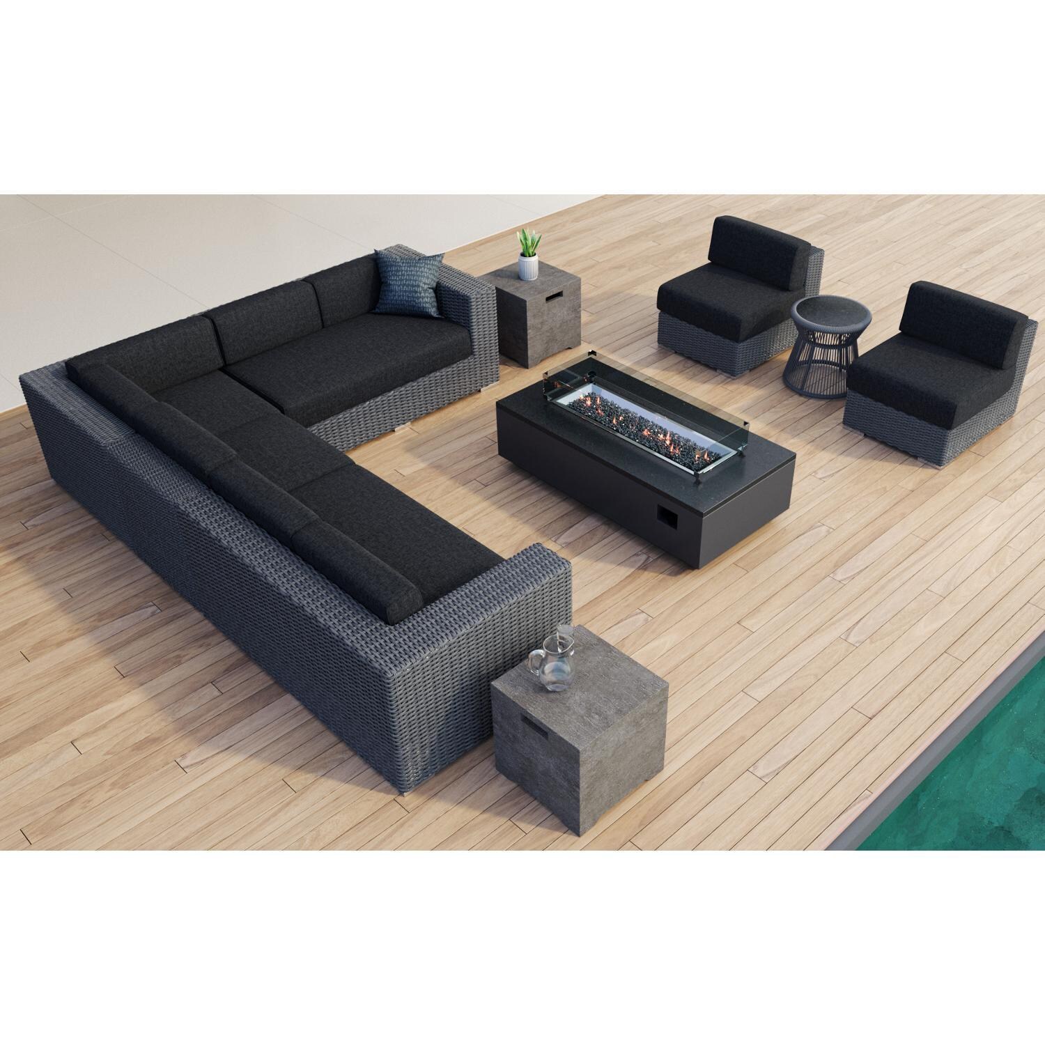 Sunset West - Emerald II 8 Piece Resin Wicker Patio Fire Pit Conversation Set W/ Tank Cover, End Table, & Spectrum Carbon Cushions - Full View - Lifestyle 2 thumbnail