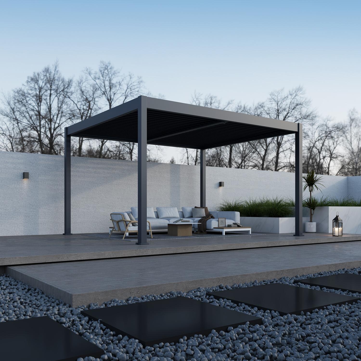 Paragon Outdoor PRGRT-1214GY Grand Tuscan 12' x 14' Slate Gray Aluminum Louvered Pergola - At Sunset - Lifestyle thumbnail