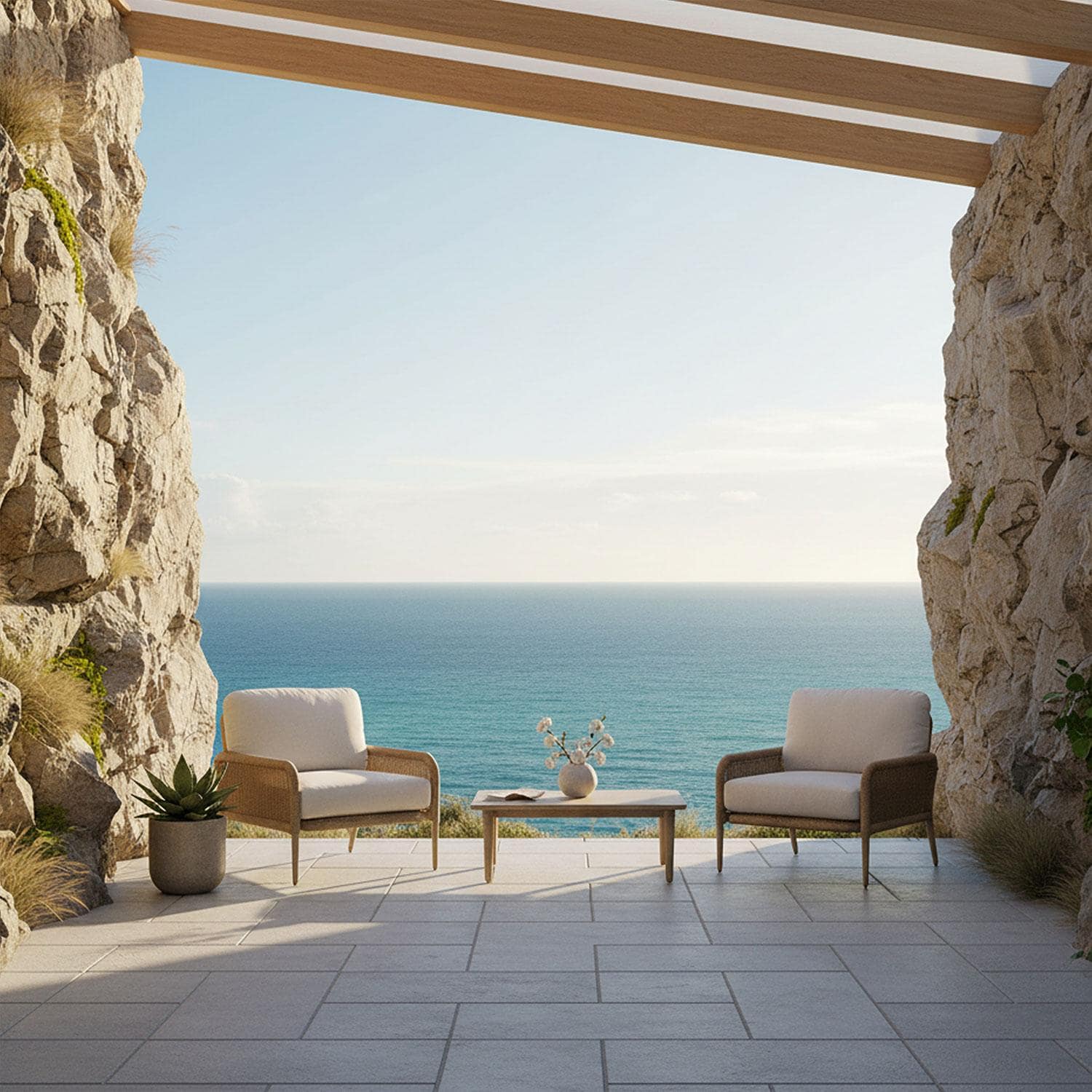Rustic View Wicker Outdoor Club Chair in Natural W/ Sunbrella Cushions by Lakeview Outdoor Designs - As a Set (Only One Included) - Lifestyle thumbnail