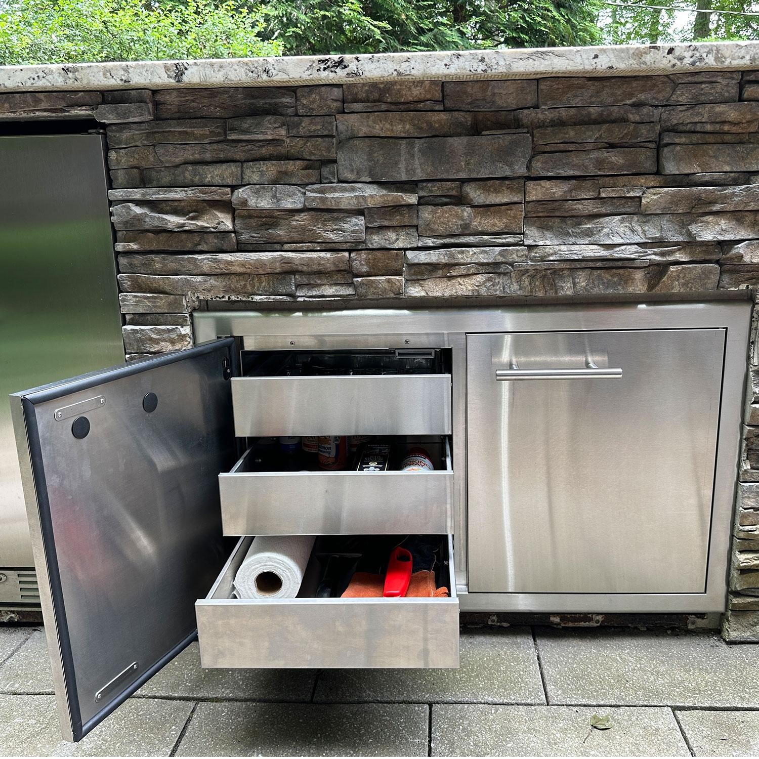 XO Appliance XOG36PANTRY Pro-Grade 36-Inch Outdoor Stainless Steel Sealed Pantry Double Access Door - Left Door Open - W/ Slide Out Drawers - Detail thumbnail