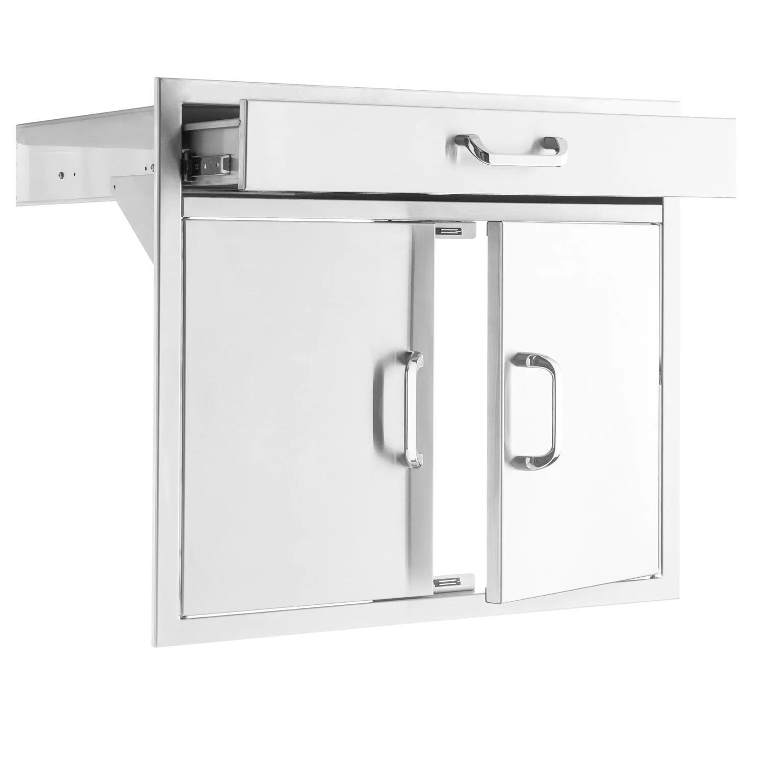 BBQGuys Signature 30-in Contempo/Traditional Stainless Steel Double Door & Single Drawer Combo - Traditional - Drawer and Door Open - White Background thumbnail