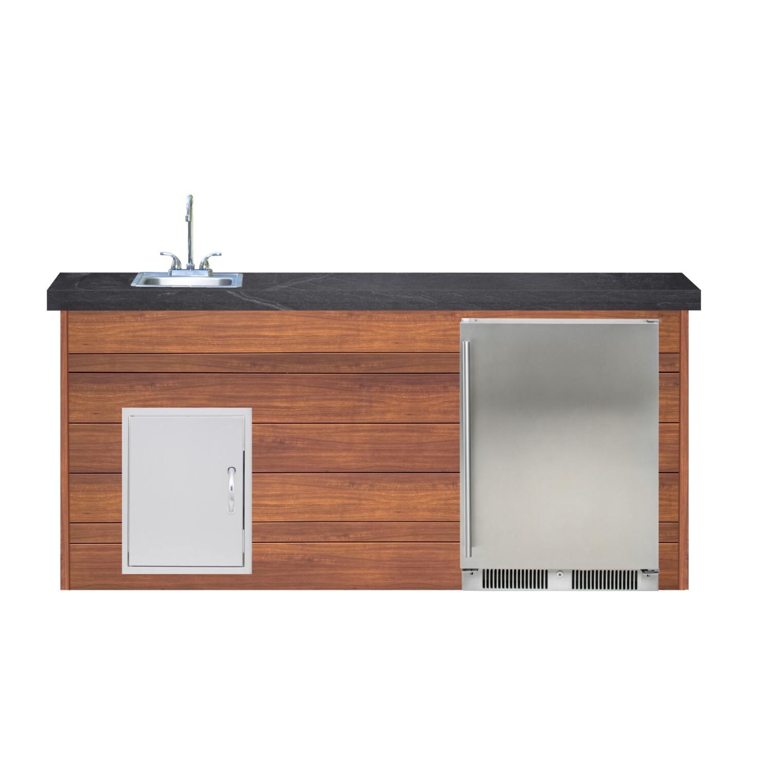 BBQGuys Signature 6ft Luxury Outdoor Island W/ Blaze Outdoor Rated Refrigerator & Summerset 15-Inch Sink - Light National Walnut Aluminum W/ Black Polished Granite