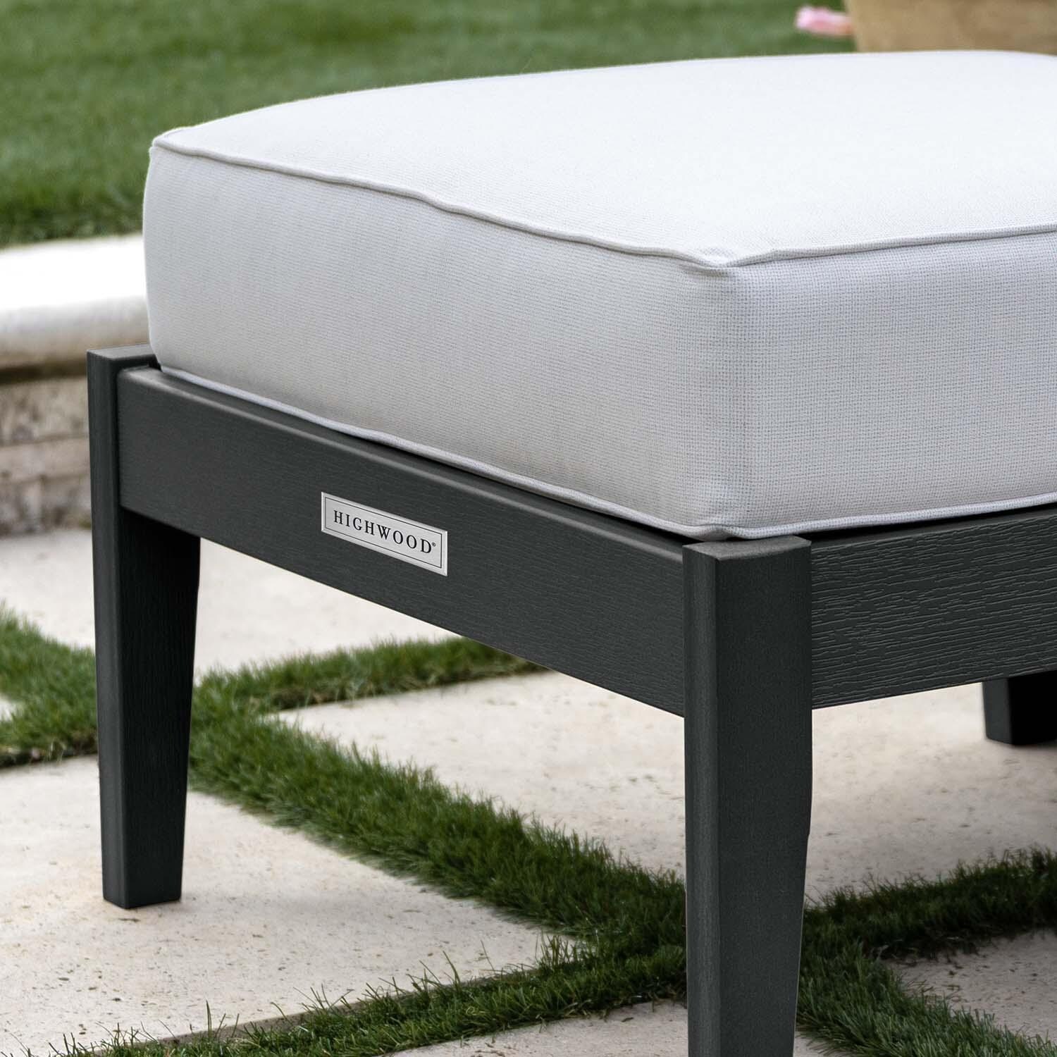 Blushing Bay Recycled Plastic Ottoman in Bliss Linen/Black by Lakeview Outdoor Designs - Close Up - Lifestyle thumbnail