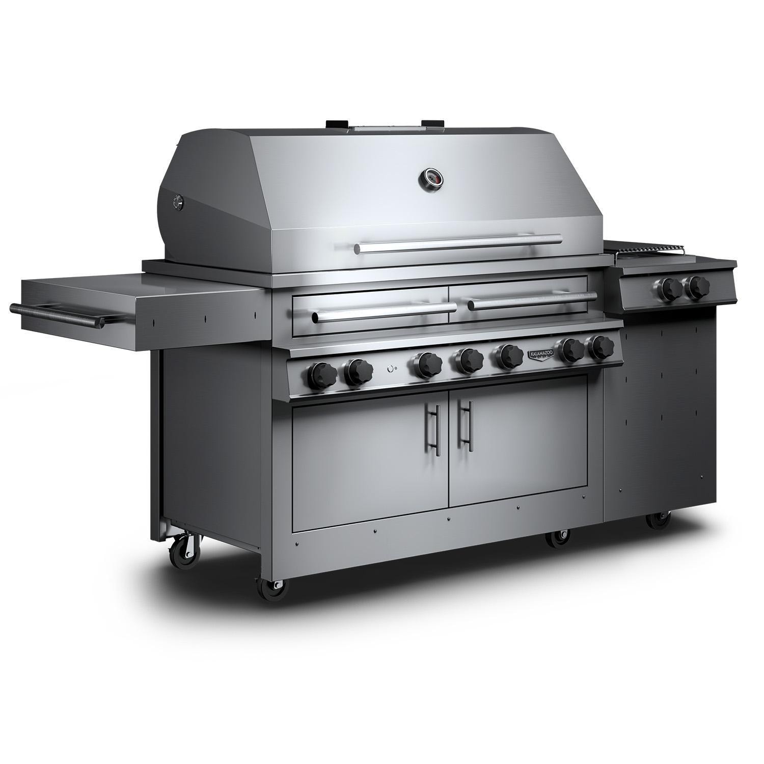 Kalamazoo K1000HS Hybrid Fire Four Burner Freestanding Natural Gas Grill W/ Two Meat & Plancha Grill Surface Grates - Angled Right - White Background thumbnail