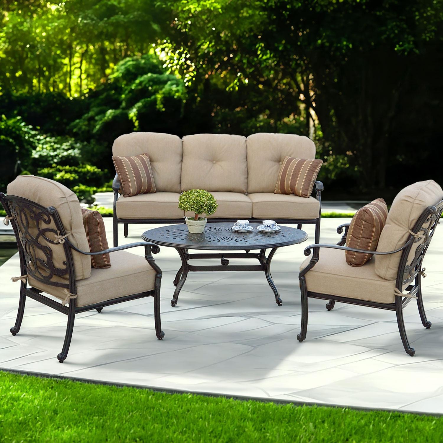 Darlee Santa Monica 4 Pc Cast Aluminum Seating Set w/ 46 X 31 Inch Oval Table & Throw Pillows in Antique Bronze/Beige Canvas by - B/DL2058-4PCS-26BSP