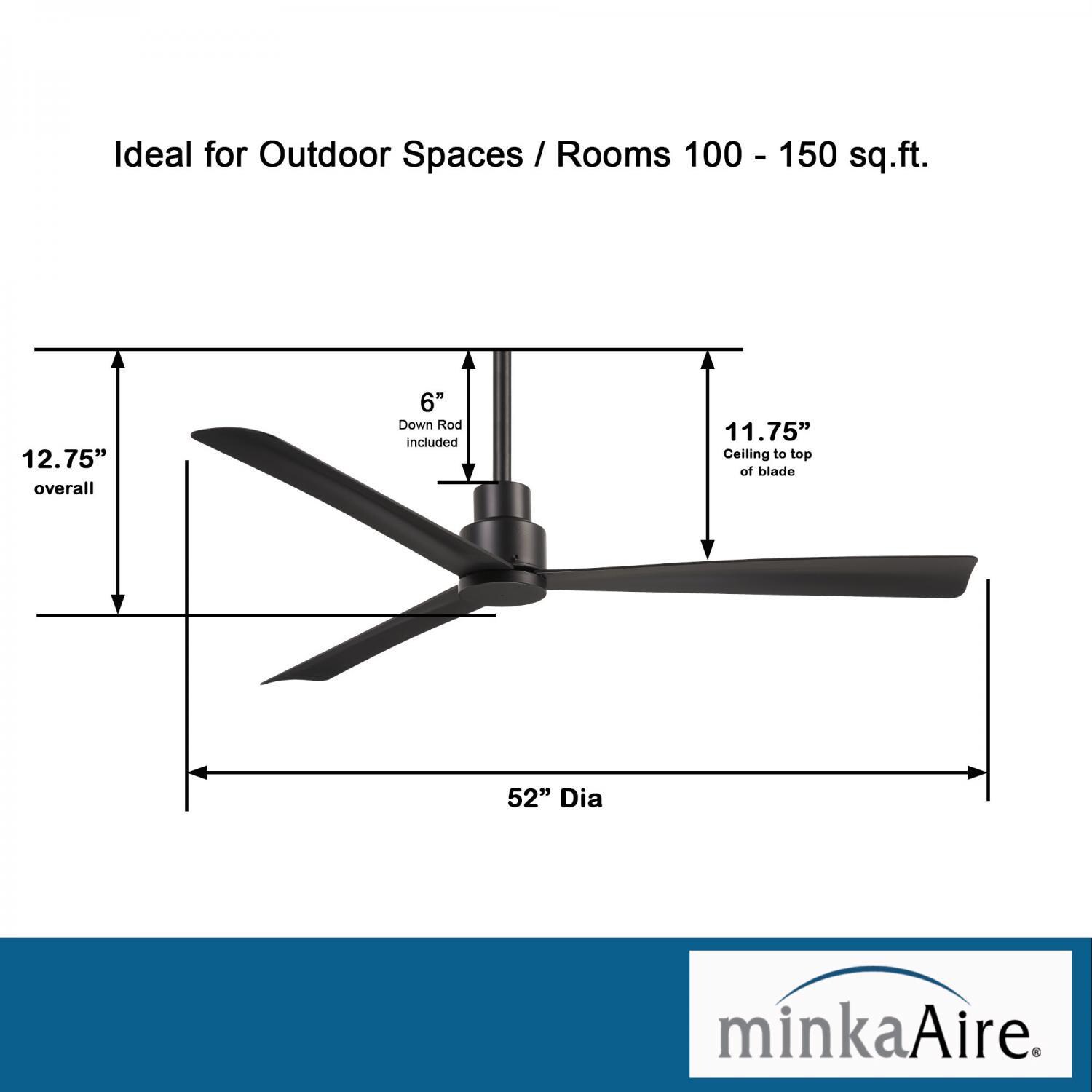 Minka-Aire F787-CL Simple 52-Inch 3-Blade Ceiling Fan in Coal Finish w/ Coal Blades - Dimensions thumbnail