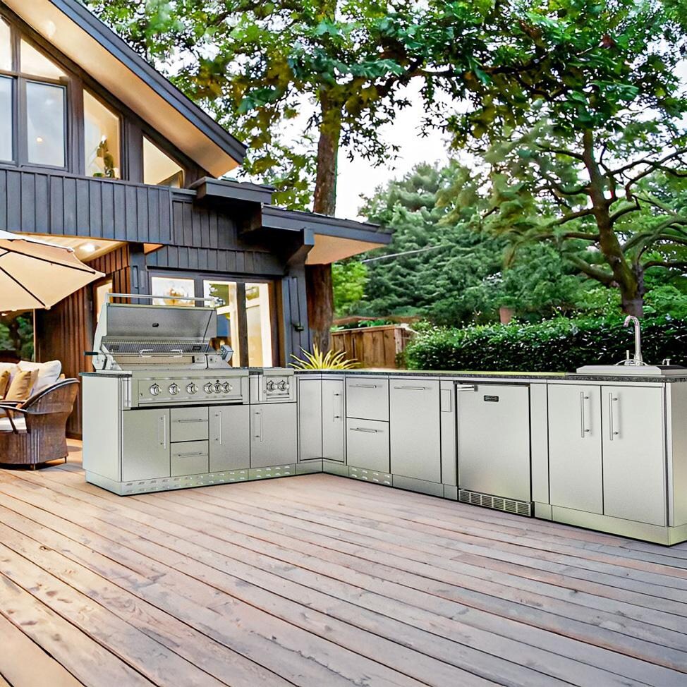 Sunstone Grills SCPRANCHER8.10BY11-LP Rancher 11 Ft Outdoor Kitchen Island w/ Propane Grill & Side Burner, Sink, Refrigerator, Trash Bin, Door & Drawer - In the Woods - Lifestyle thumbnail