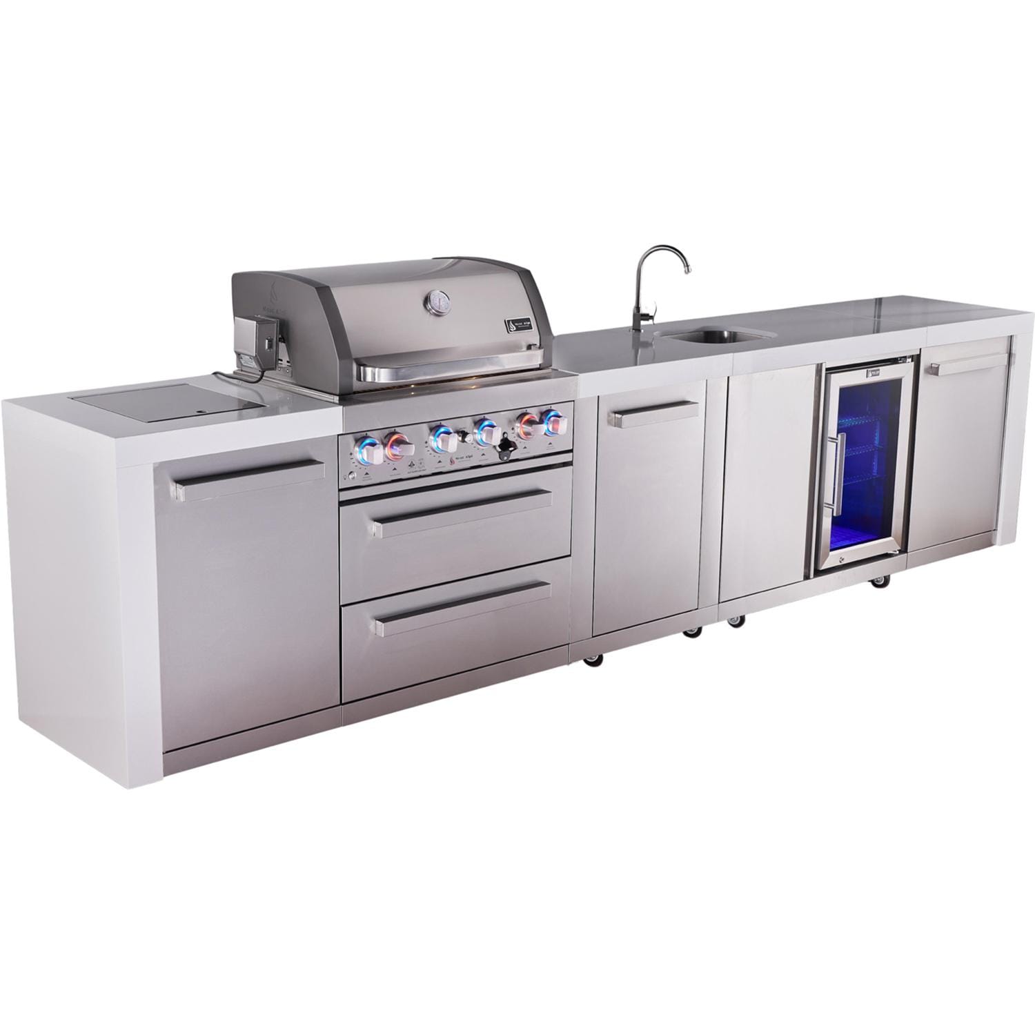 Mont Alpi Deluxe Series 12 Ft Propane Outdoor Kitchen Island w/ 32-in Grill, Side Burner, Beverage Center & Extra Door - MAi400-DBEVXL - Angled Left - White Background thumbnail