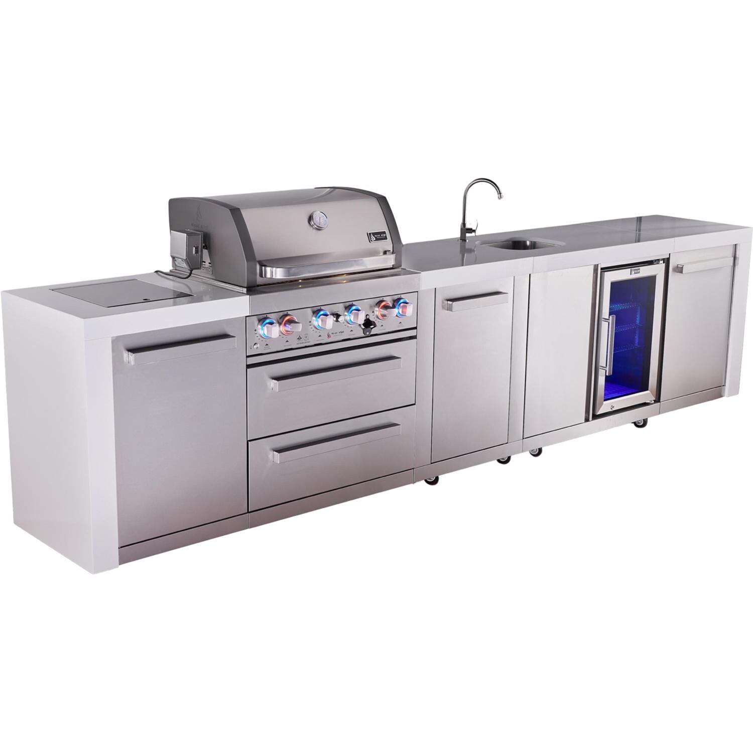 Mont Alpi Deluxe Series 12 Ft Propane Outdoor Kitchen Island w/ 32-in Grill, Side Burner, Beverage Center & Extra Door - MAi400-DBEVXL - Angled Left - White Background thumbnail