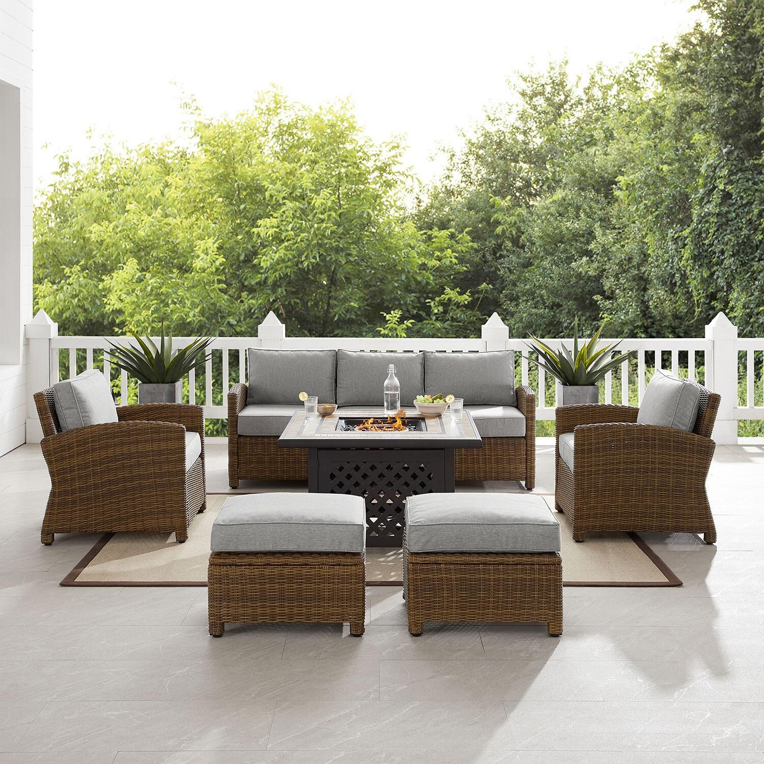 Ultimate Patio UP-92417WB-GY 6Pc Wicker Outdoor Sofa Set in Gray - Front View W/ Fire Pit On - Lifestyle thumbnail