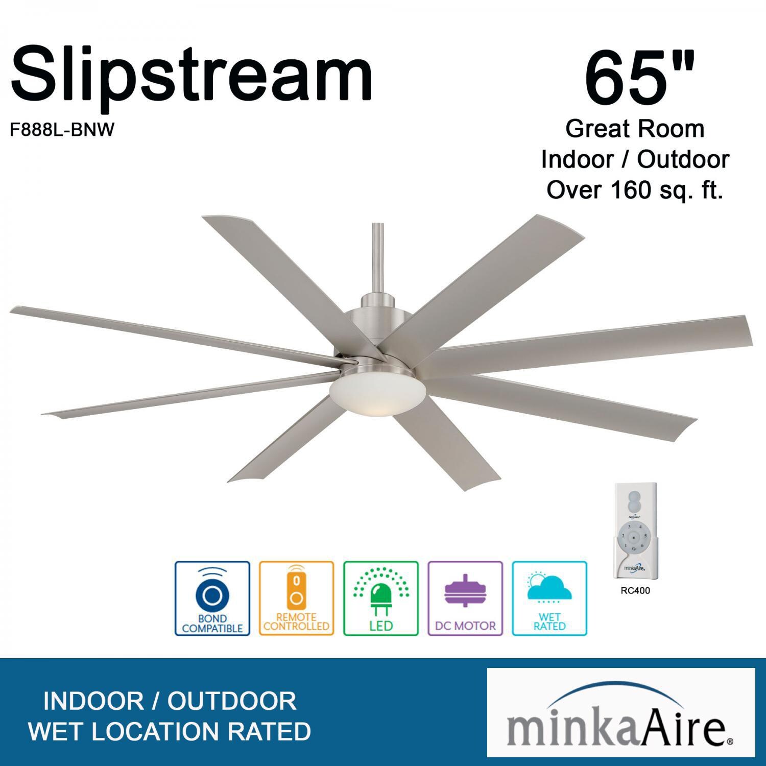 Minka-Aire F888L-BNW Slipstream 65-Inch 8-Blade LED Ceiling Fan in Brushed Nickel Wet Finish w/ Silver Blades & Etched Opal Glass - Overview thumbnail