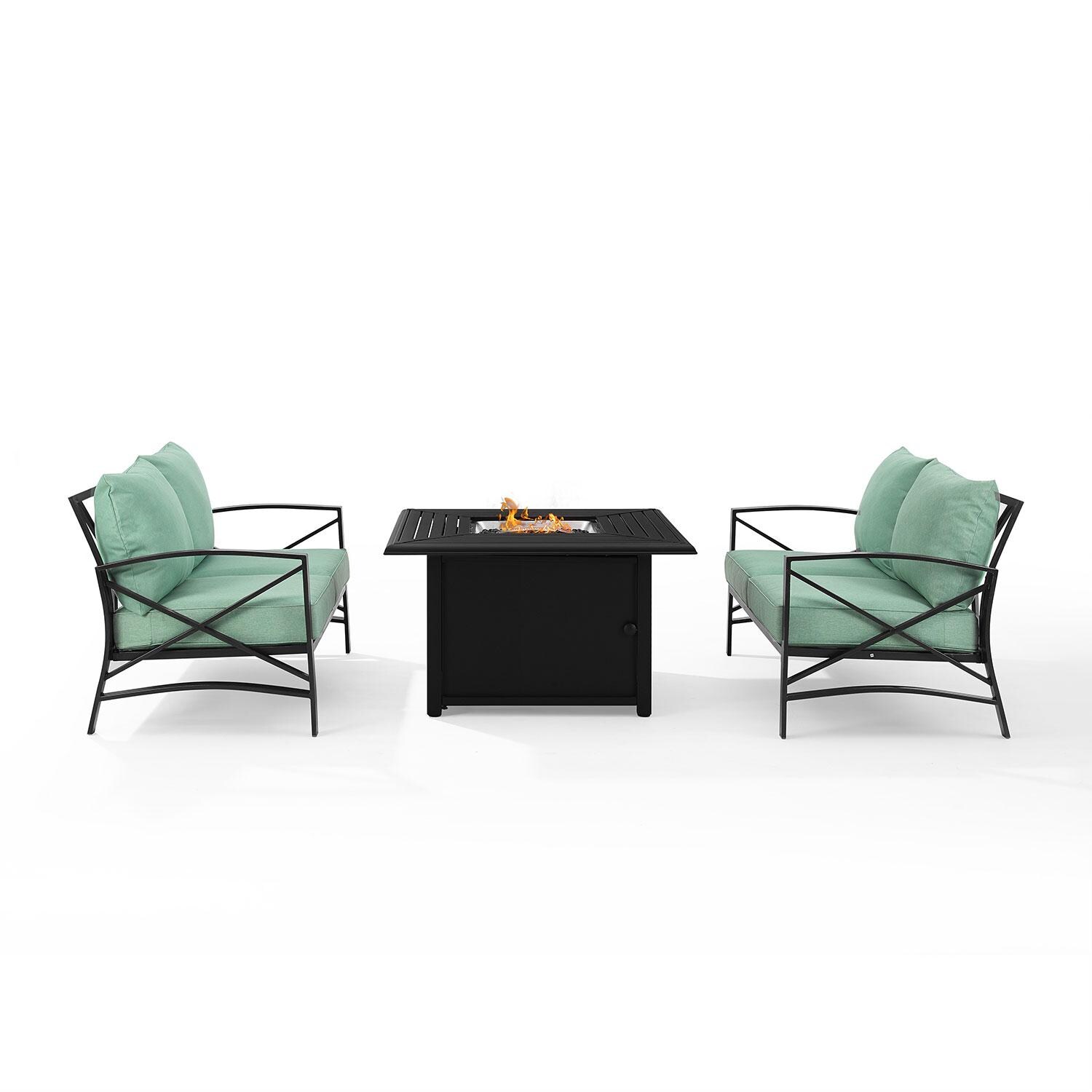 Ultimate Patio UP-82271BZ-MI 3Pc Outdoor Loveseat Set W/ Fire Table in Mist - Front View W/ Fire Table On - White Background thumbnail