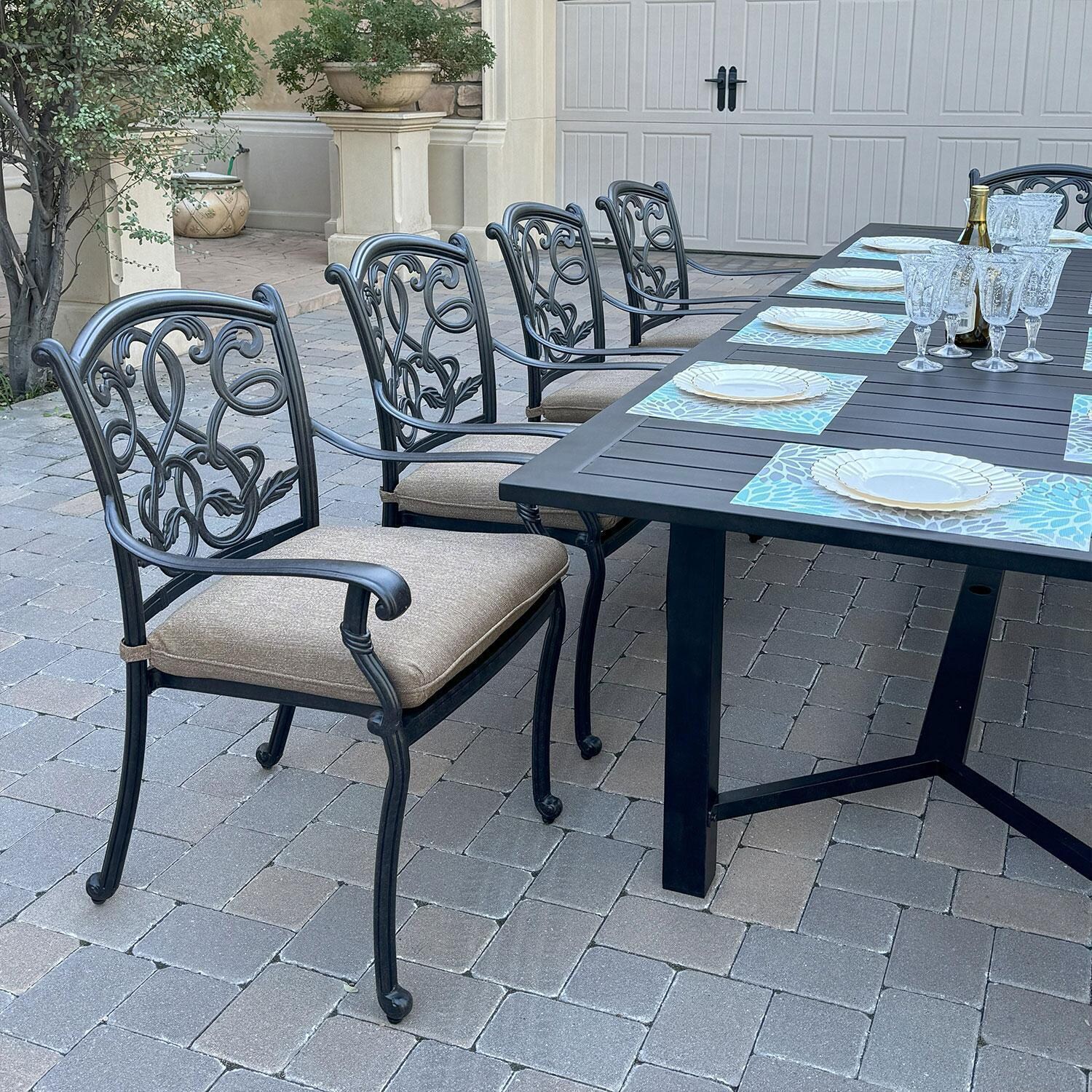 Atlantis 91 X 114 Inch Rectangular Antique Bronze Aluminum Dining Table w/ Extension By Darlee - Display W/ Set (Not Sold as Set) - Side View - Lifestyle thumbnail