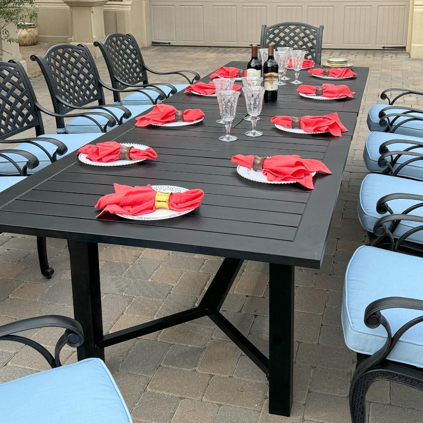 Darlee B/DL13-11PCDR-2350LE-B Nassau 11 Pc Cast Aluminum Dining Set w/ Rocker in Antique Bronze w/ Blue Cushions - Table Setting - Lifestyle thumbnail